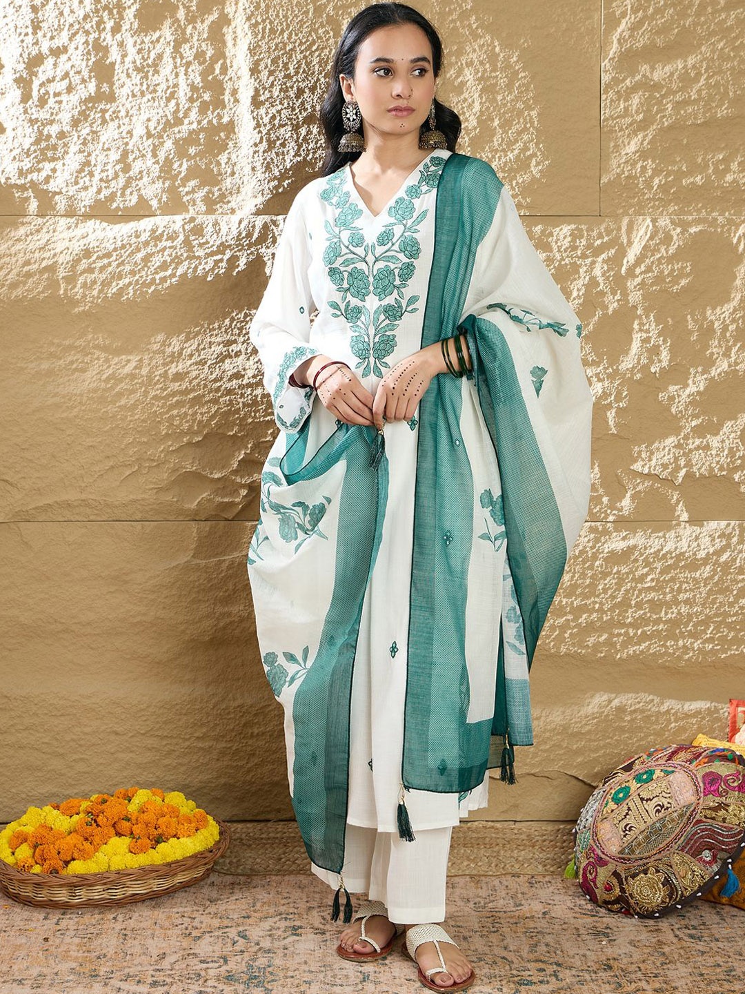 

Indo Era Women Floral Embroidered Thread Work Pure Cotton Kurta with Trousers & Dupatta, Off white