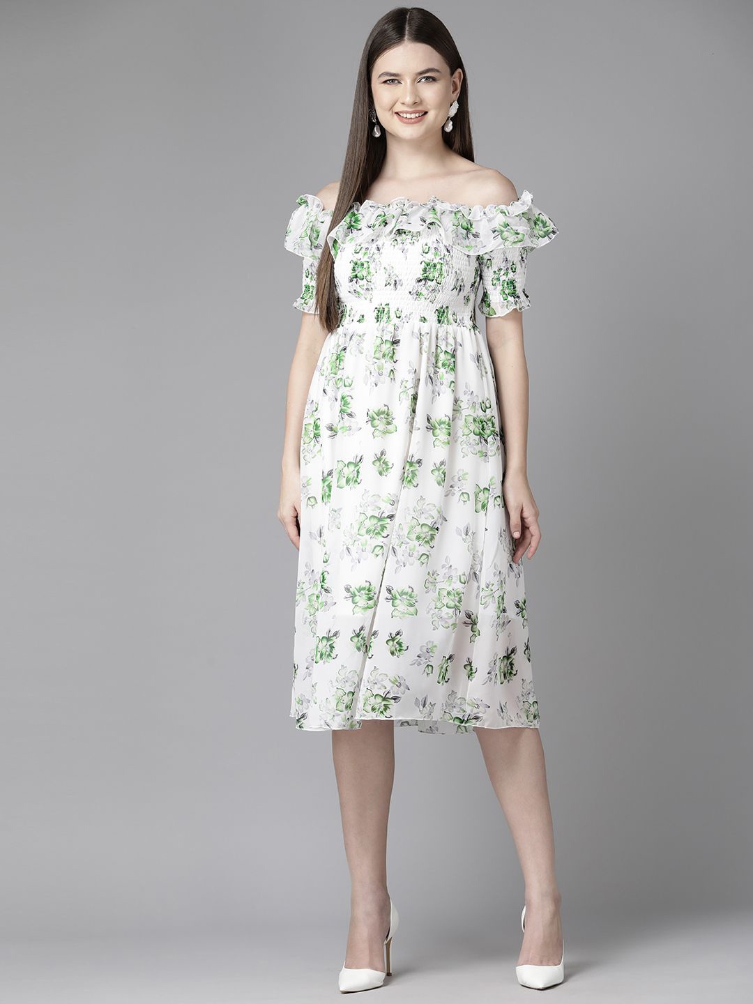 

BAESD Women Floral Flutter Sleeve Georgette Peplum Dress, White
