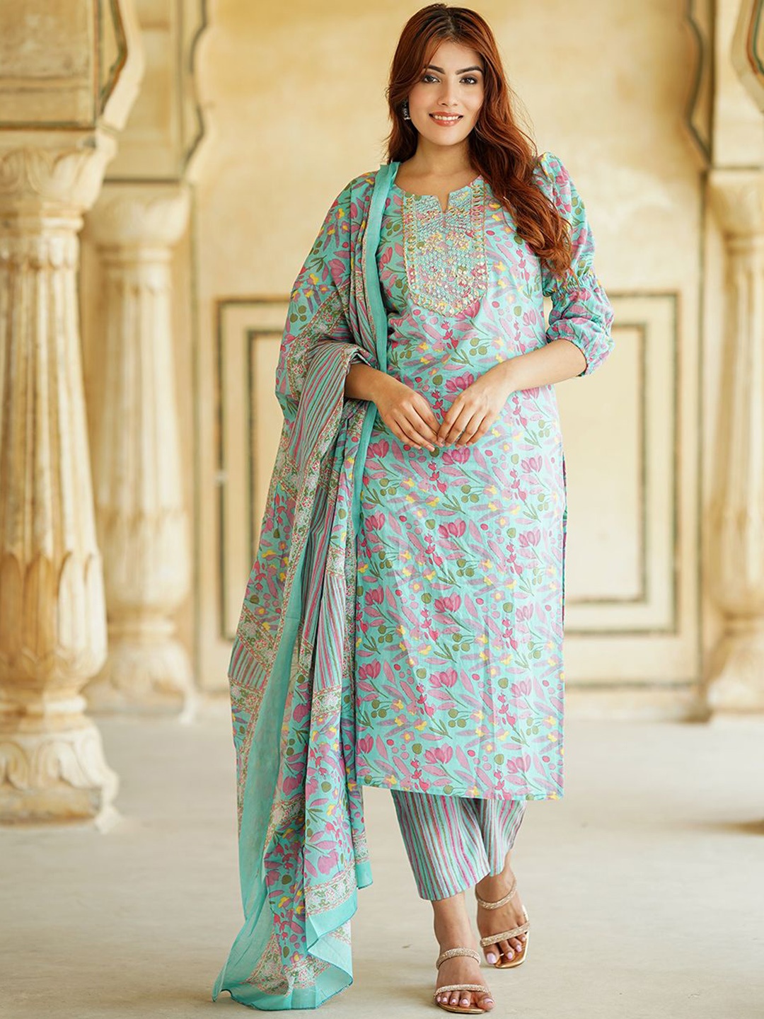 

KALINI Floral Printed Mirror Work Pure Cotton Straight Kurta with Trousers & Dupatta, Blue