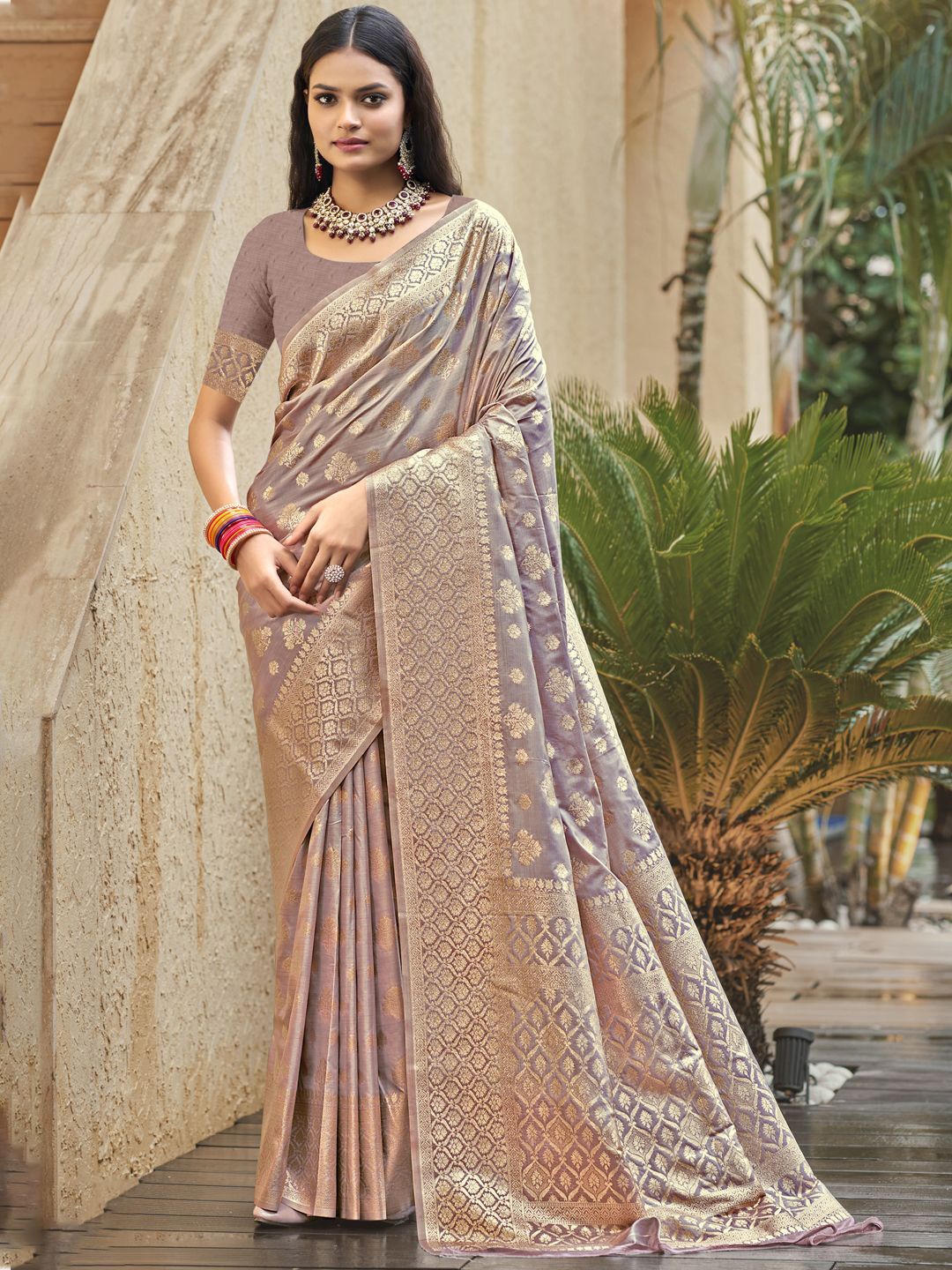 

SANGAM PRINTS Women Woven Design Zari Tussar Saree, Mauve