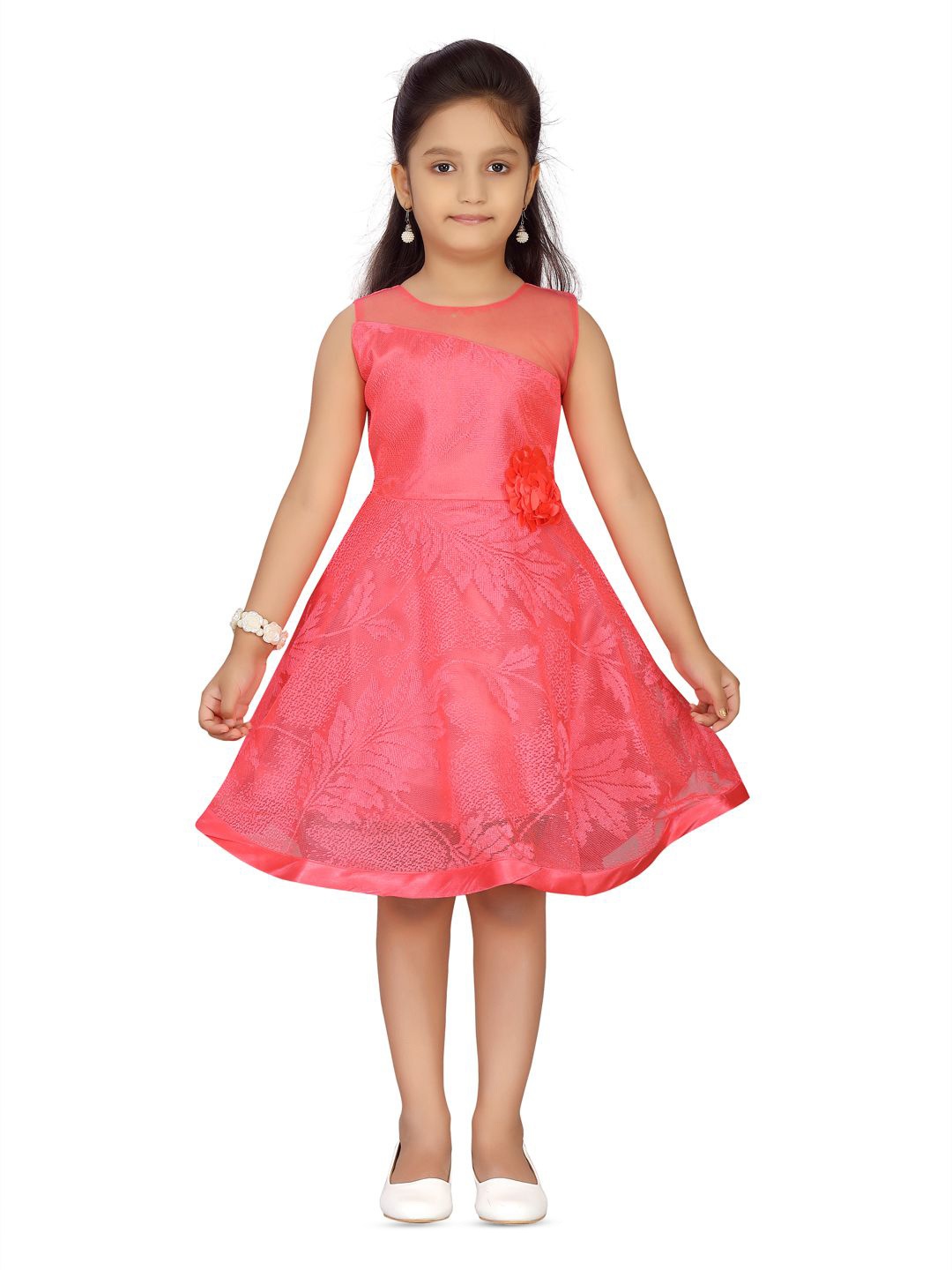 

BAESD Girls Floral Printed Flutter Sleeve Net Fit & Flare Dress, Red