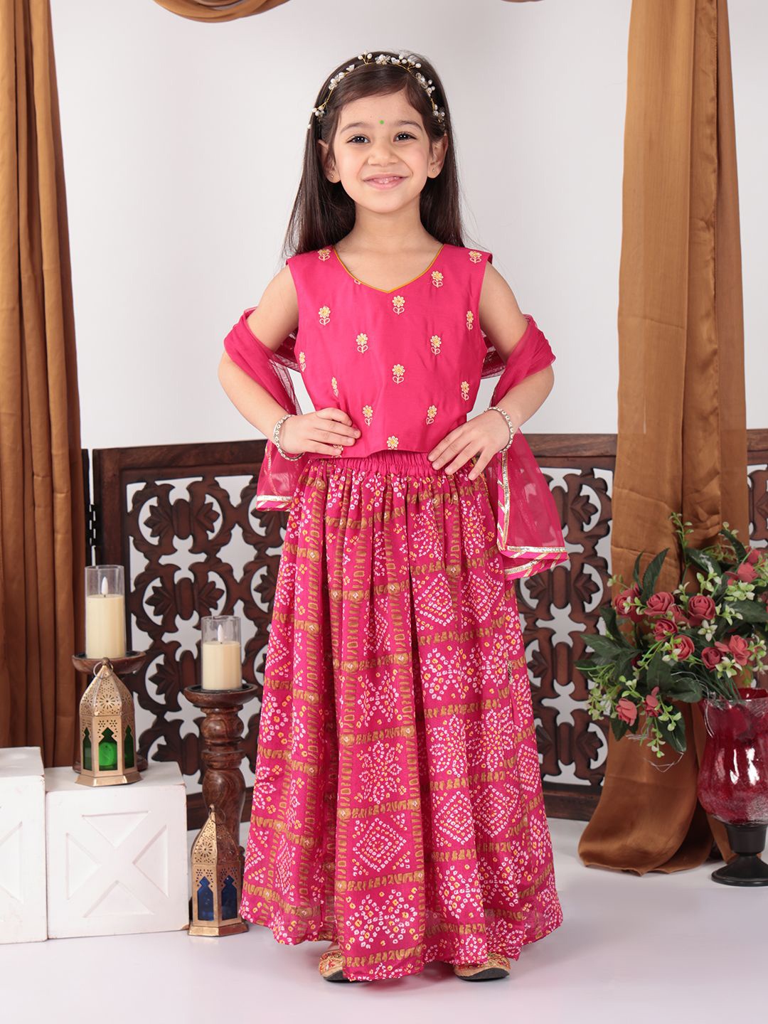 

Here&Now X Kinder Kids Girls Embroidered Ready to Wear Lehenga & Blouse With Dupatta, Pink