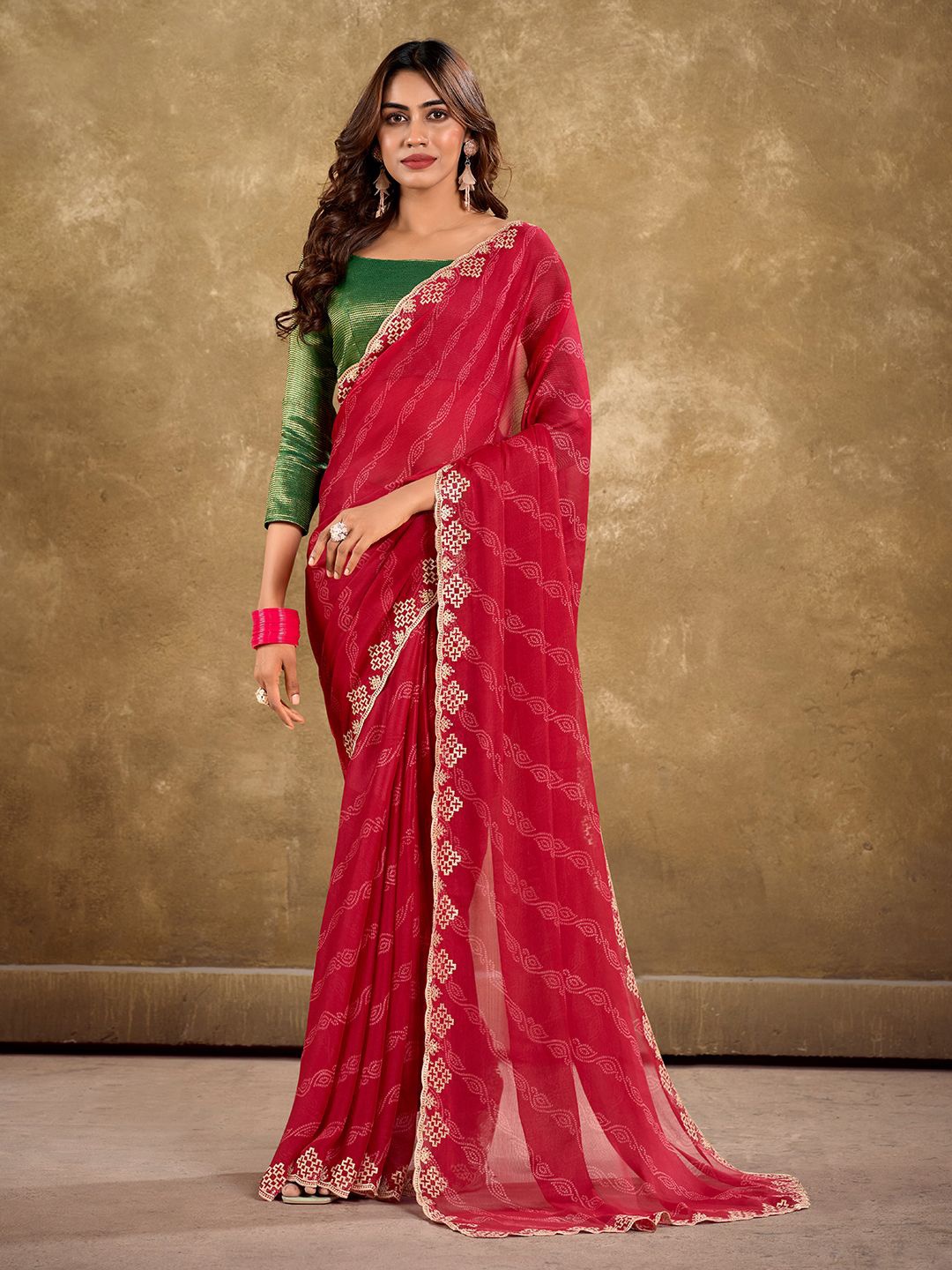 

Mitera Ethnic Motifs Printed Embroidered Celebrity Saree, Red