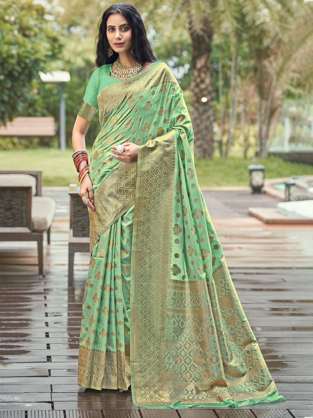 

SANGAM PRINTS Woven Design Zari Silk Blend Tussar Saree, Green