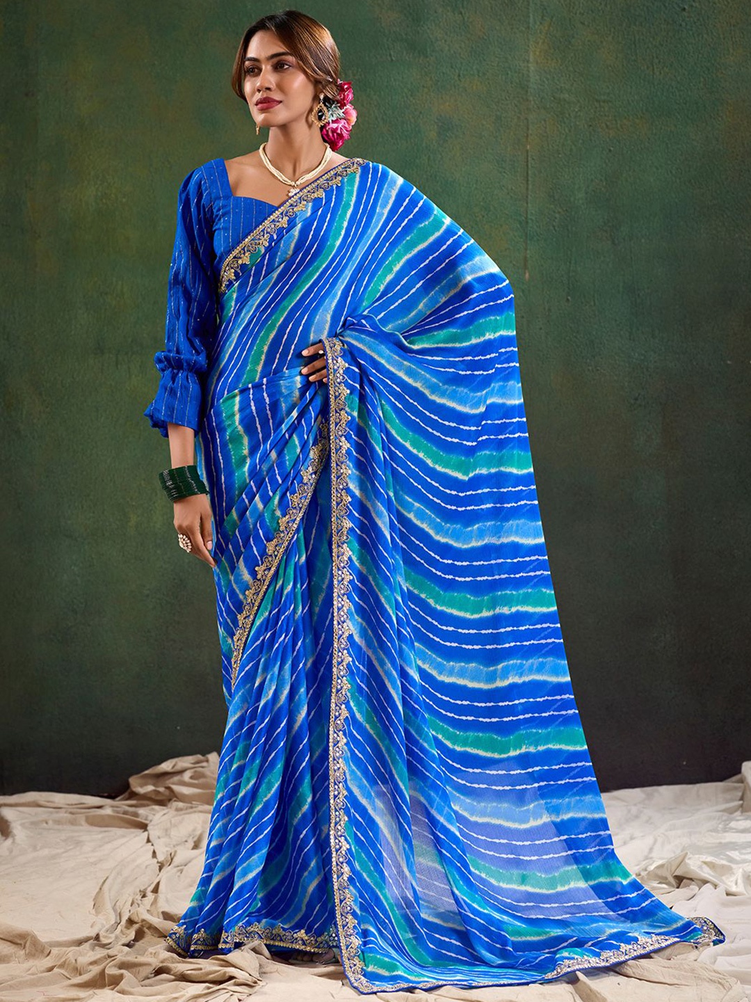 

Panzora Leheriya Printed Embroidered Saree, Blue