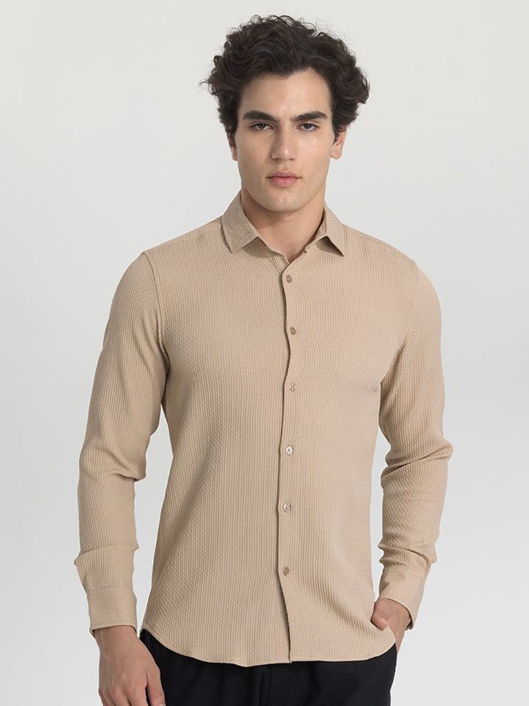

Snitch Men Smart Spread Collar Solid Slim Fit Casual Shirt, Beige