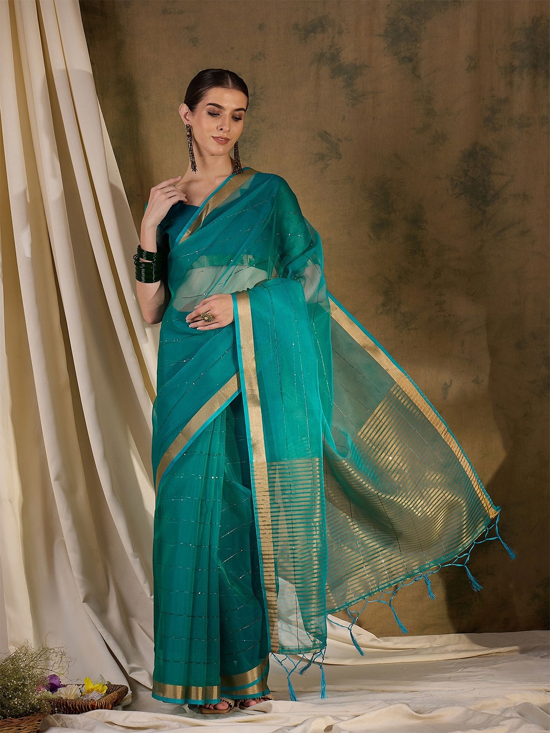 

Maroosh Embellished Sequinned Organza Fusion Saree, Teal