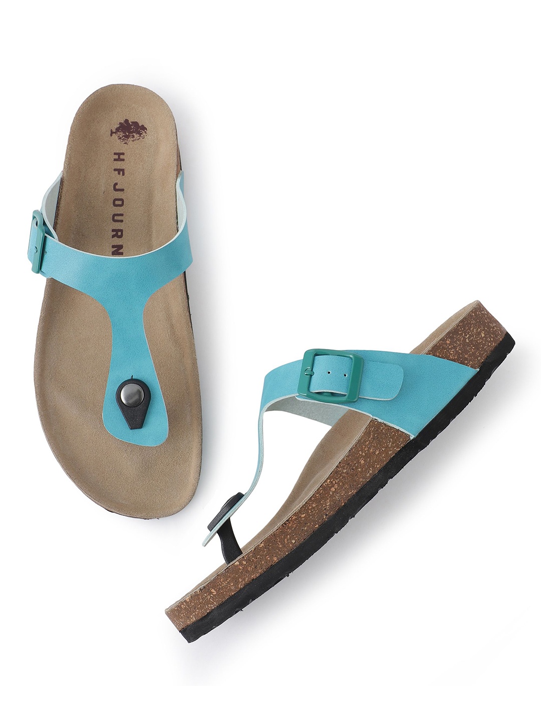 

HF JOURNEY Women Open Toe T-Strap Flats, Turquoise blue