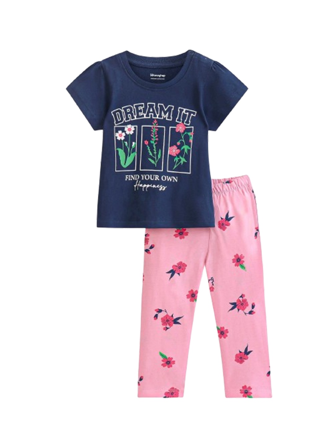 

Honeyhap Girls Floral Printed Pure Cotton Night suit, Navy blue