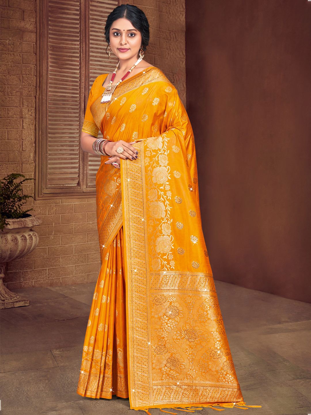 

SANGAM PRINTS Woven Design Zari Silk Blend Tussar Saree, Yellow