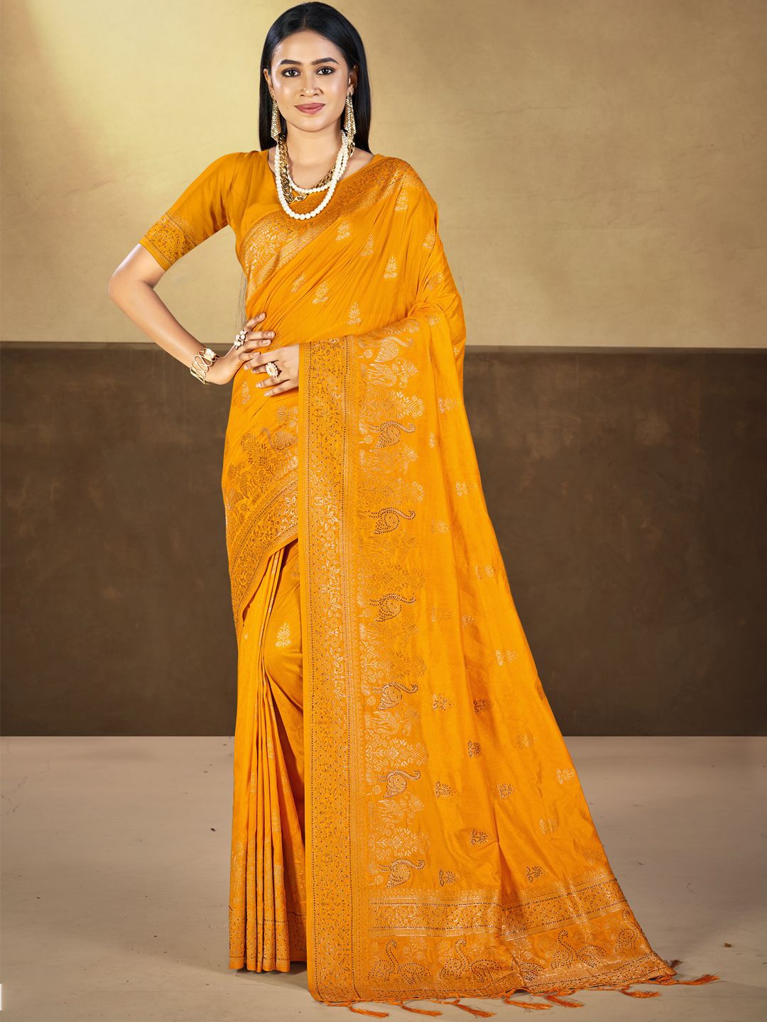 

SANGAM PRINTS Woven Design Zari Silk Blend Tussar Saree, Orange
