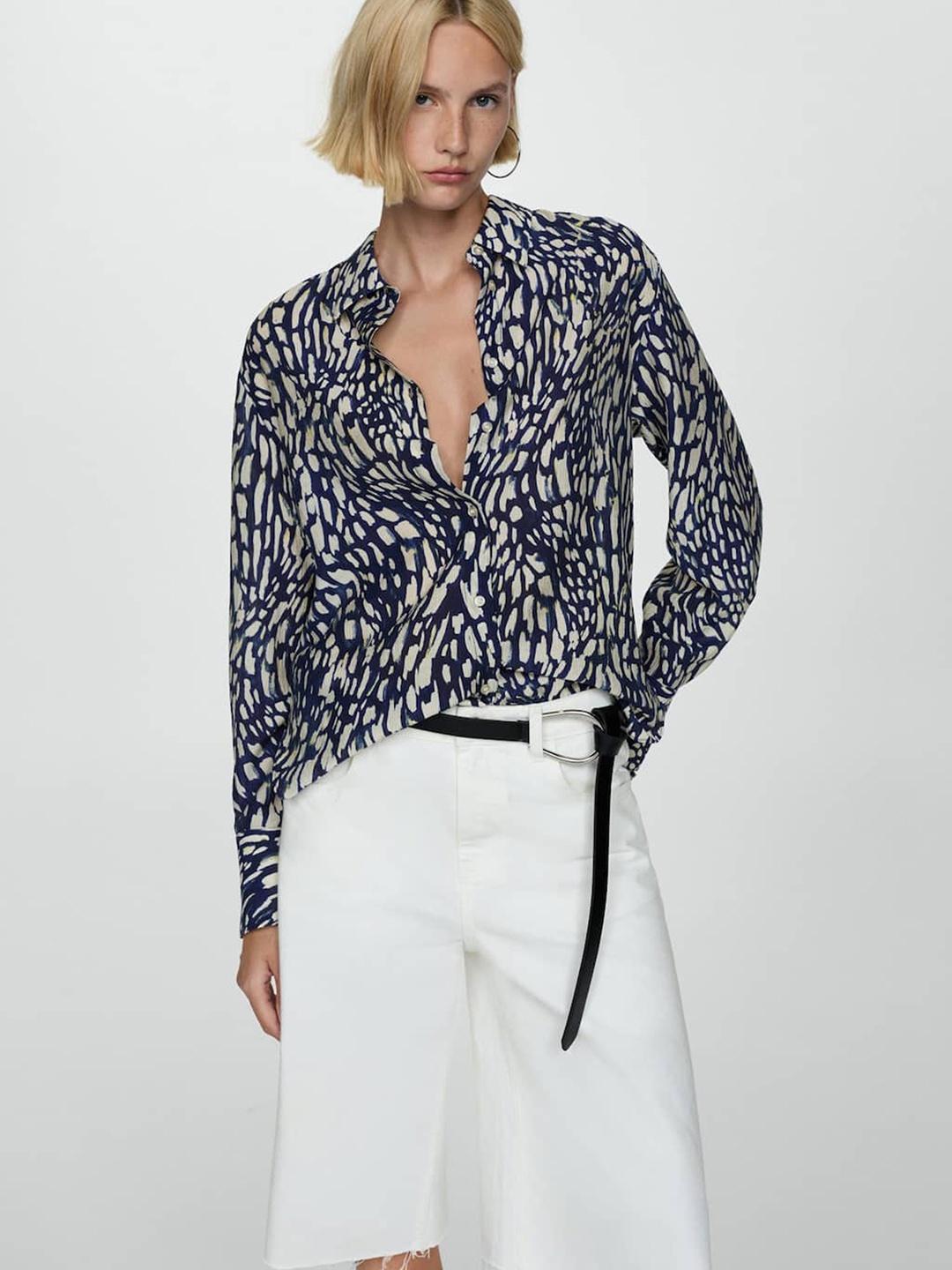 

MANGO Printed Crinkled Shirt, Navy blue