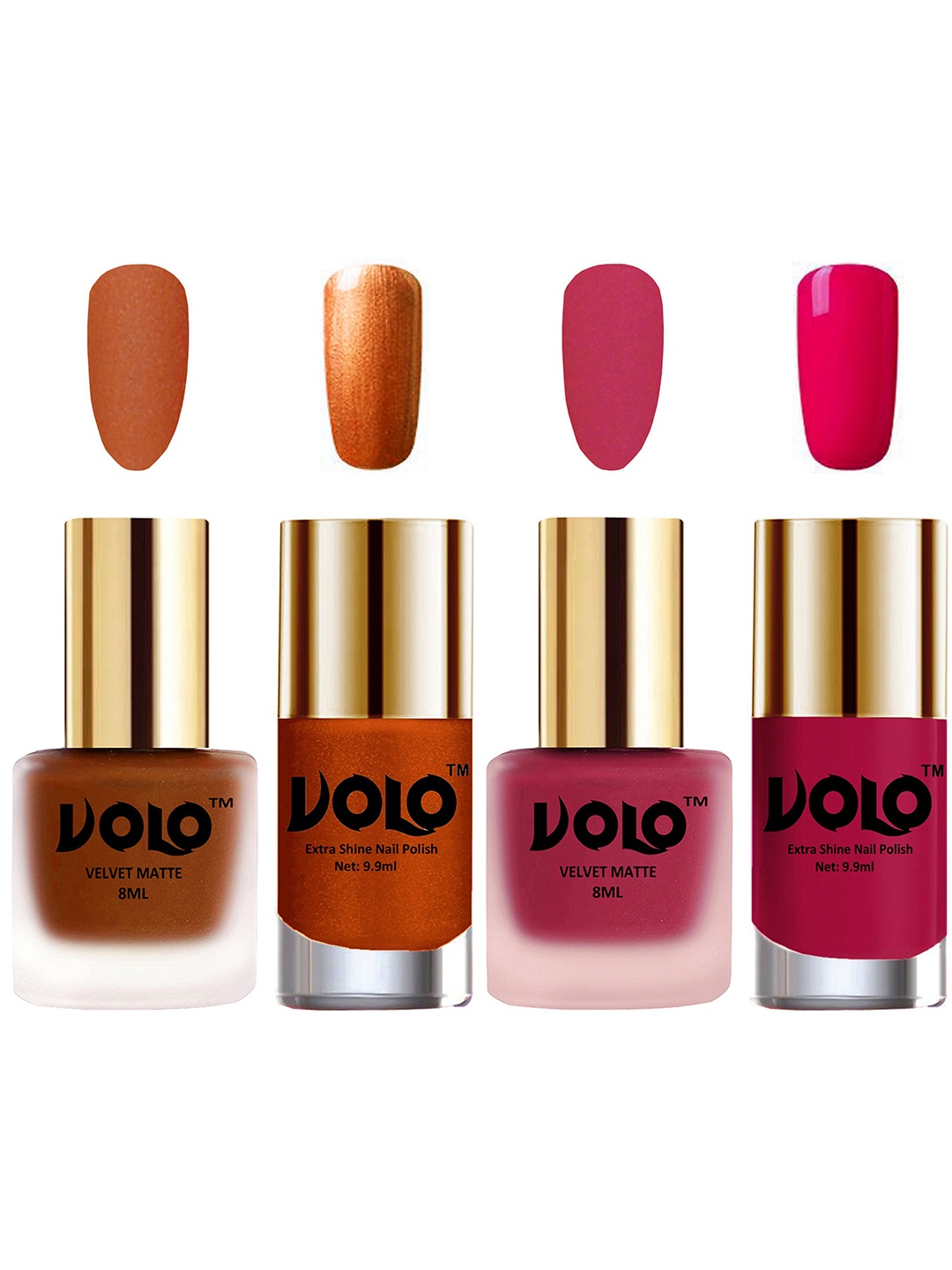 

VOLO Set Of 4 Velvet Matte & Extra Shine Nail Polish-8 ml & 9.9 ml Each Shade 35-43-60-53, Coral