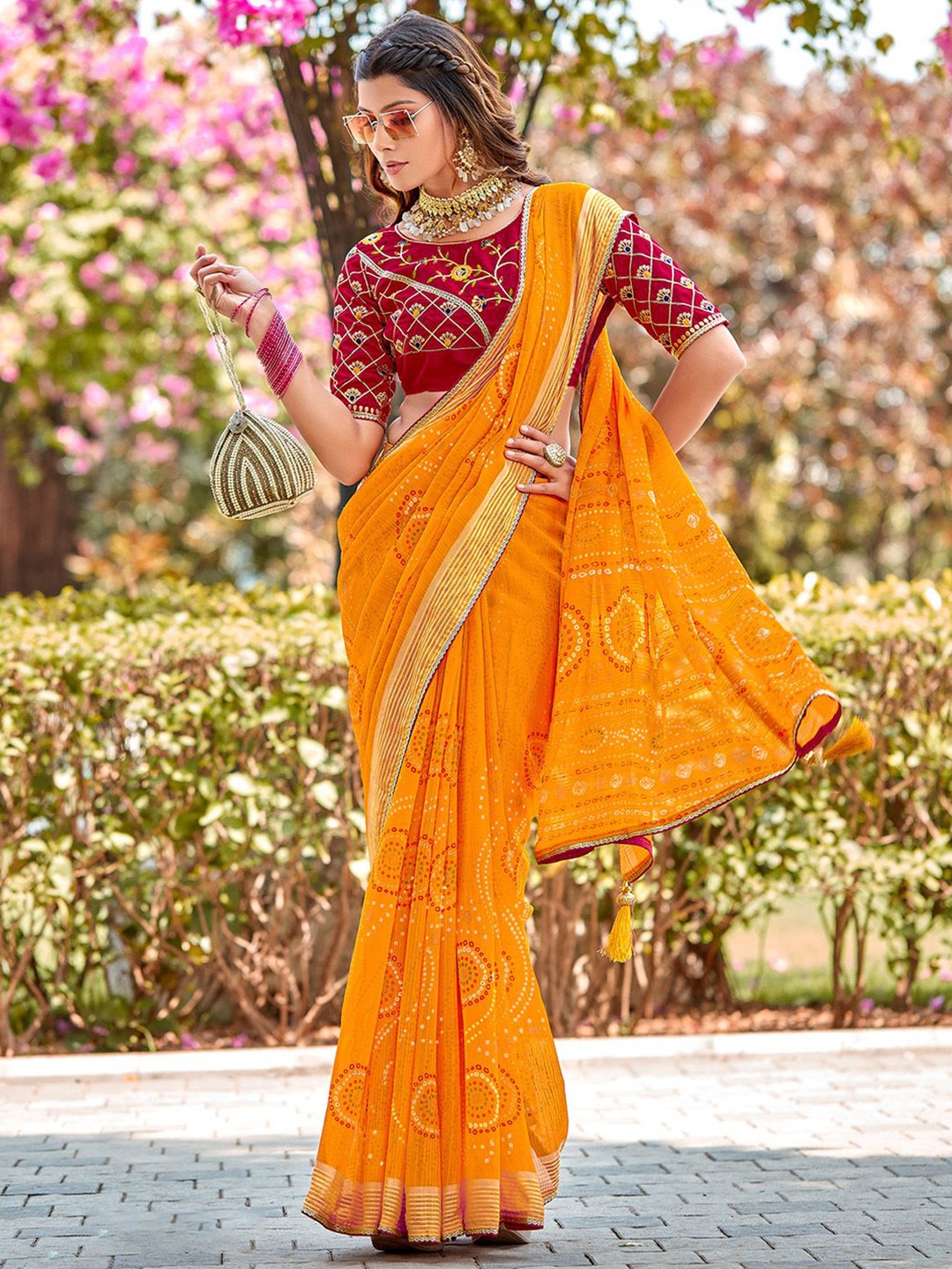 

Mitera Ethnic Embellished Festive Wear Traditional Bandhani Saree, Yellow