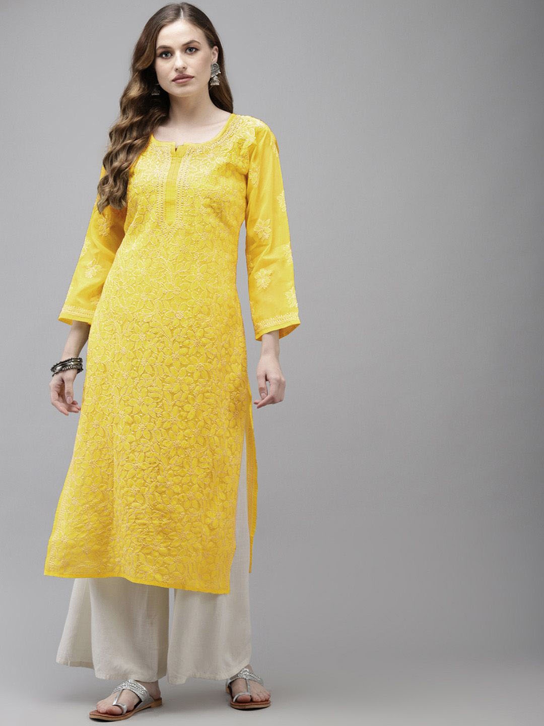 

ADA Women Ethnic Motifs Embroidered Chikankari Kurta, Yellow