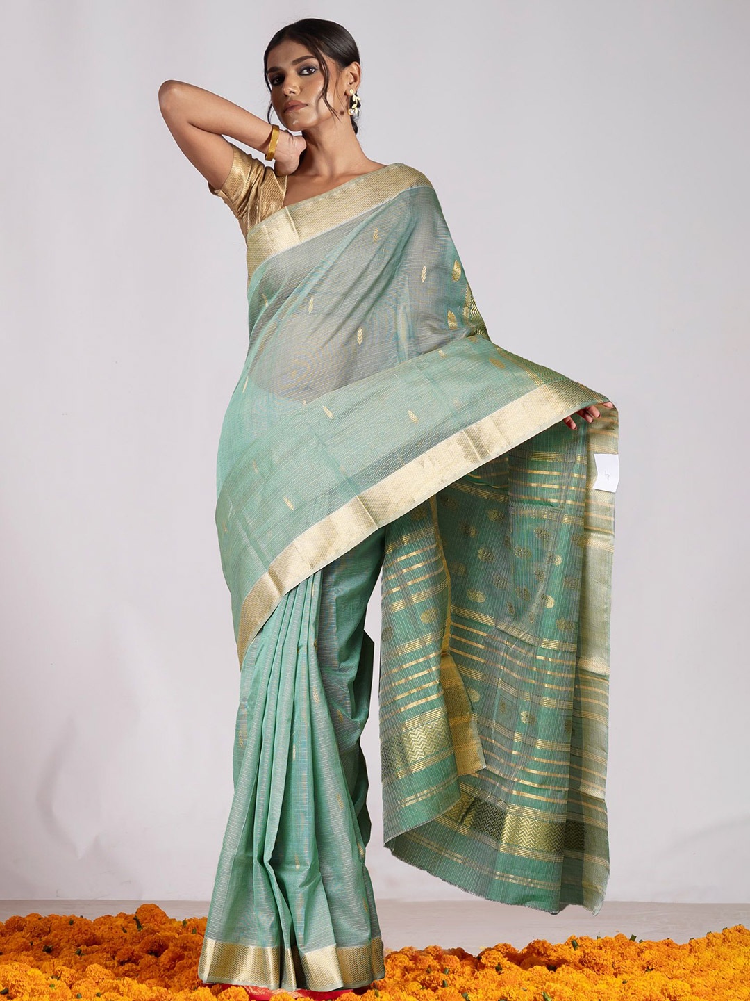 

Unnati Silks Silk Cotton Handloom Maheshwari Saree, Green