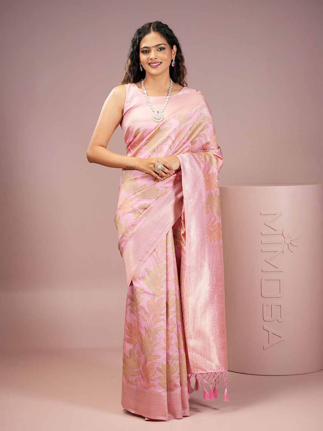 

MIMOSA Floral Zari Banarasi Saree, Pink