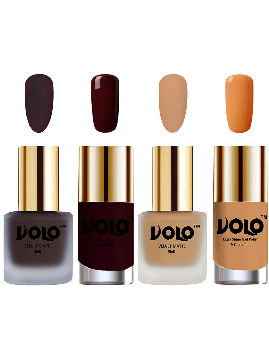 

VOLO Set Of 4 Velvet Matte & Extra Shine Nail Polish-8 ml & 9.9 ml Each Shade 29-42-44-50, Brown
