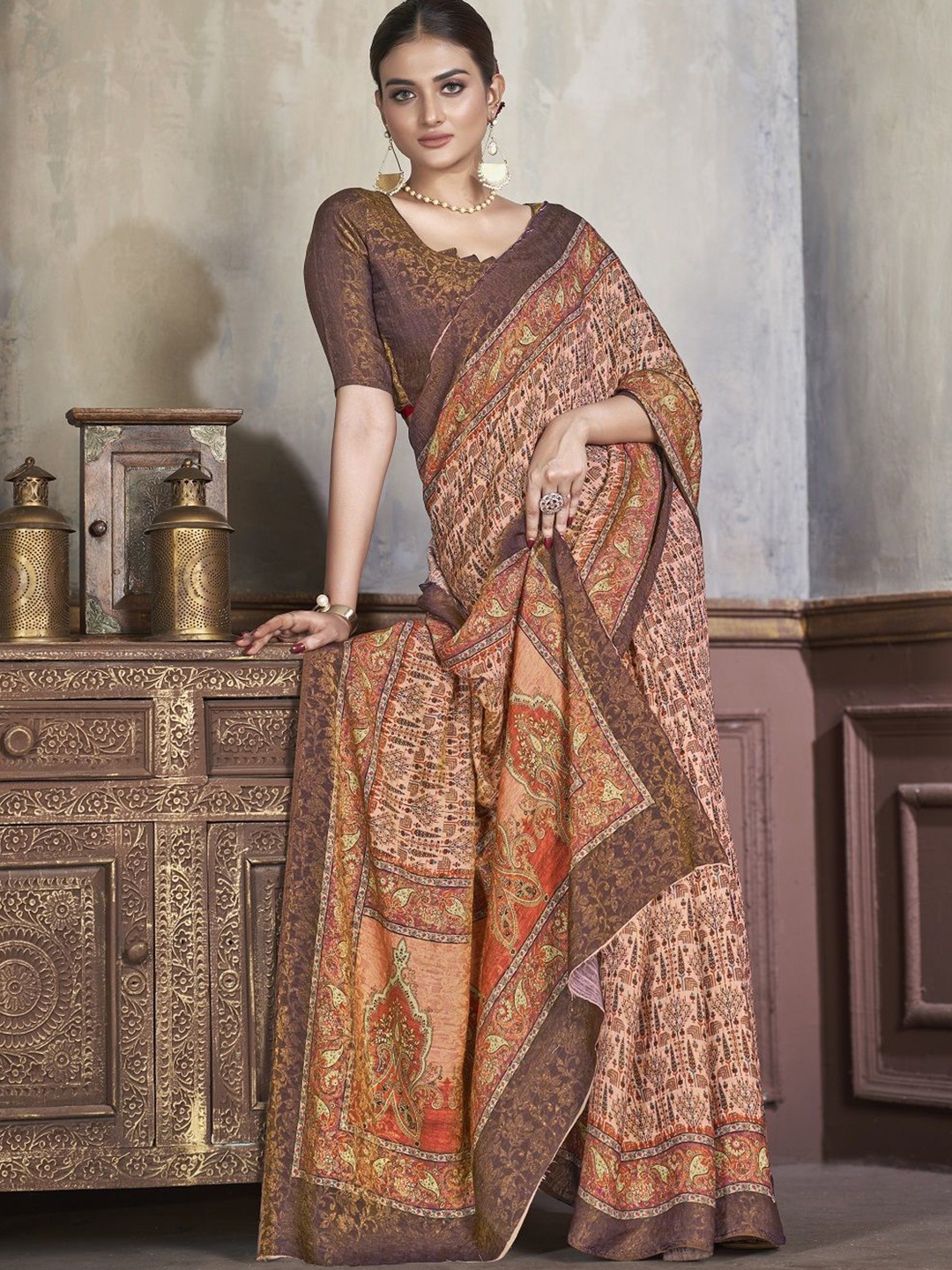 

JIVORA Ethnic Motifs Printed Pure Silk Saree, Brown