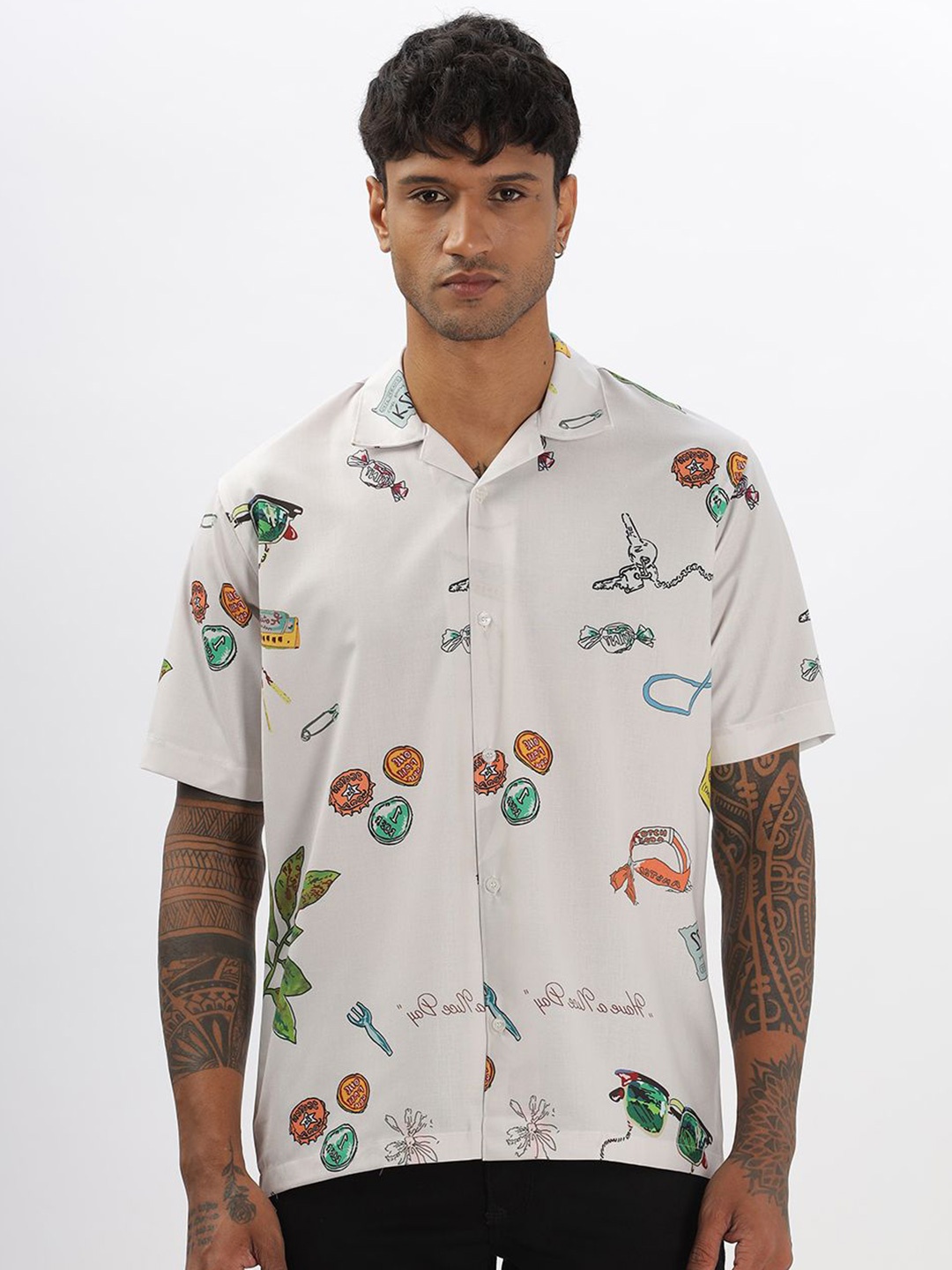 

Vestirio Men Relaxed Cuban Collar Conversational Printed Casual Shirt, Cream
