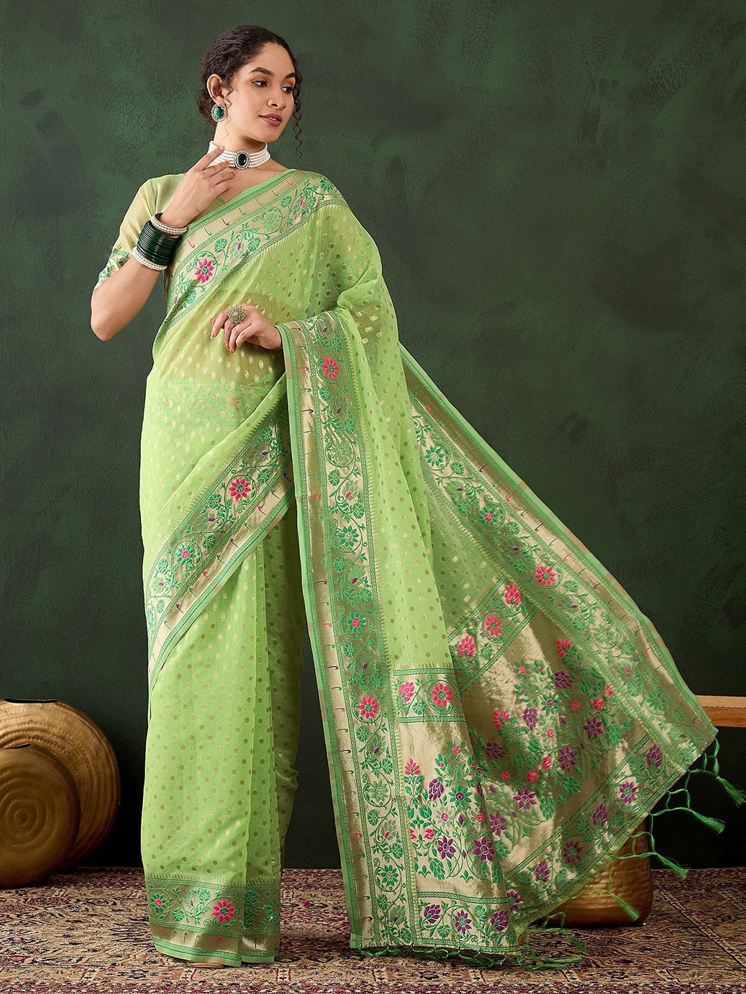 

DIVASTRI Woven Design Zari Designer Kanjeevaram Saree, Green