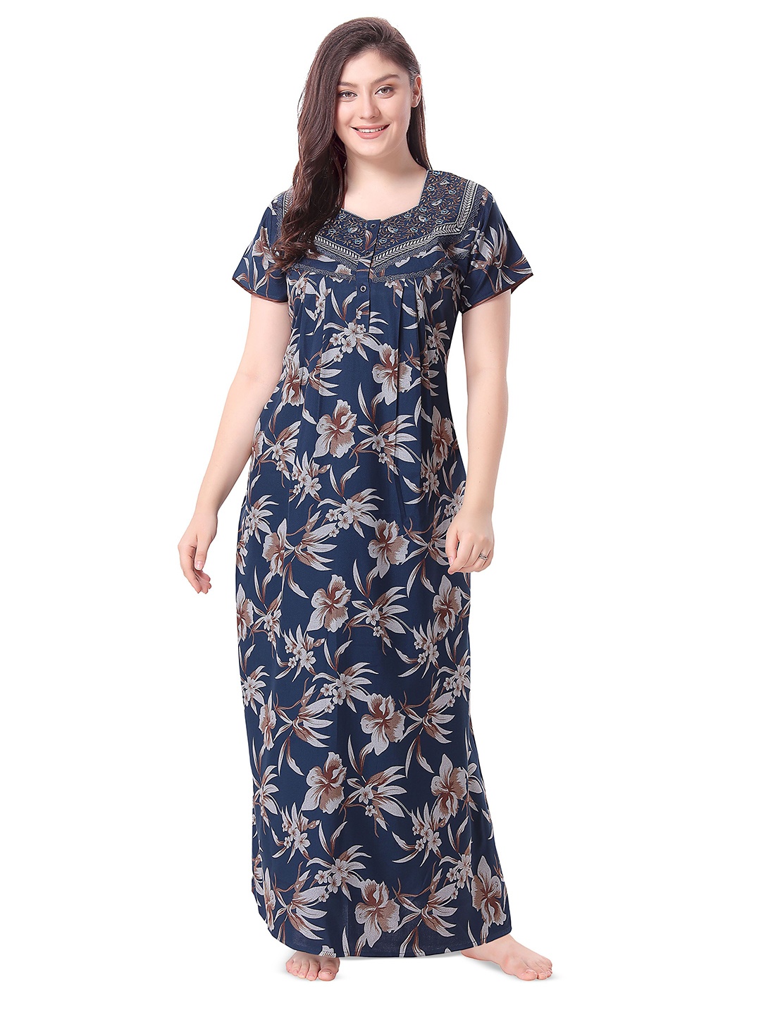 

Soulemo Women Floral Printed Pure Cotton Maxi Nightdress, Blue