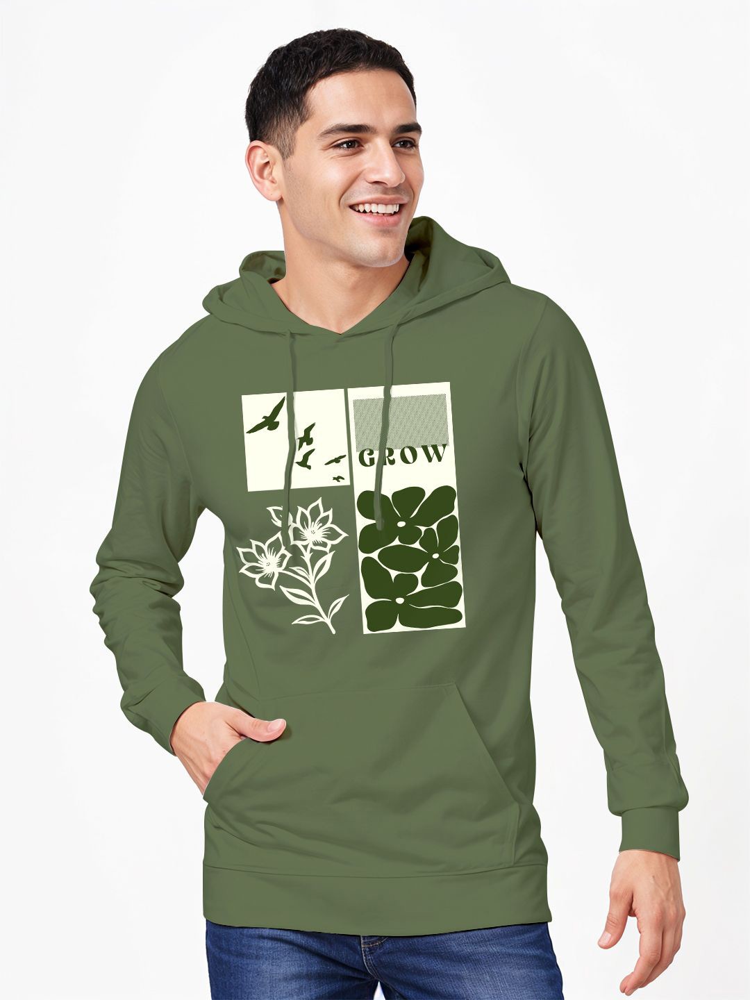 

Crazymonk Men Floral Printed Hooded Sweatshirt, Olive