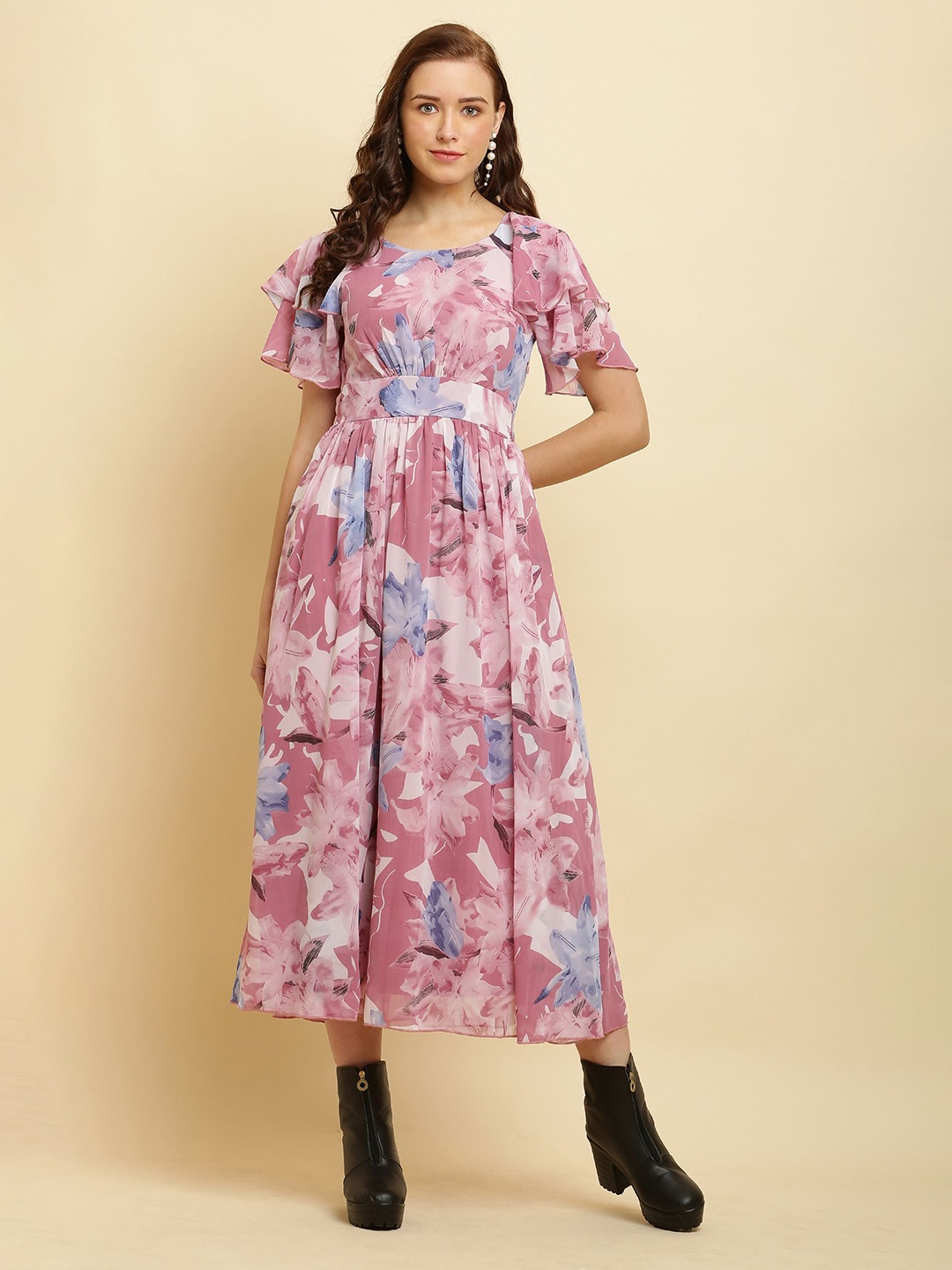 

C4D Flared Sleeve Ruffled Georgette Fit & Flare Dress, Pink