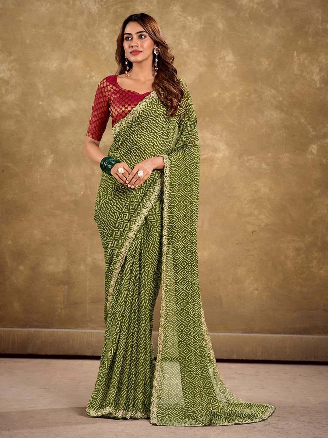 

Panzora Printed Embroidered Saree, Green