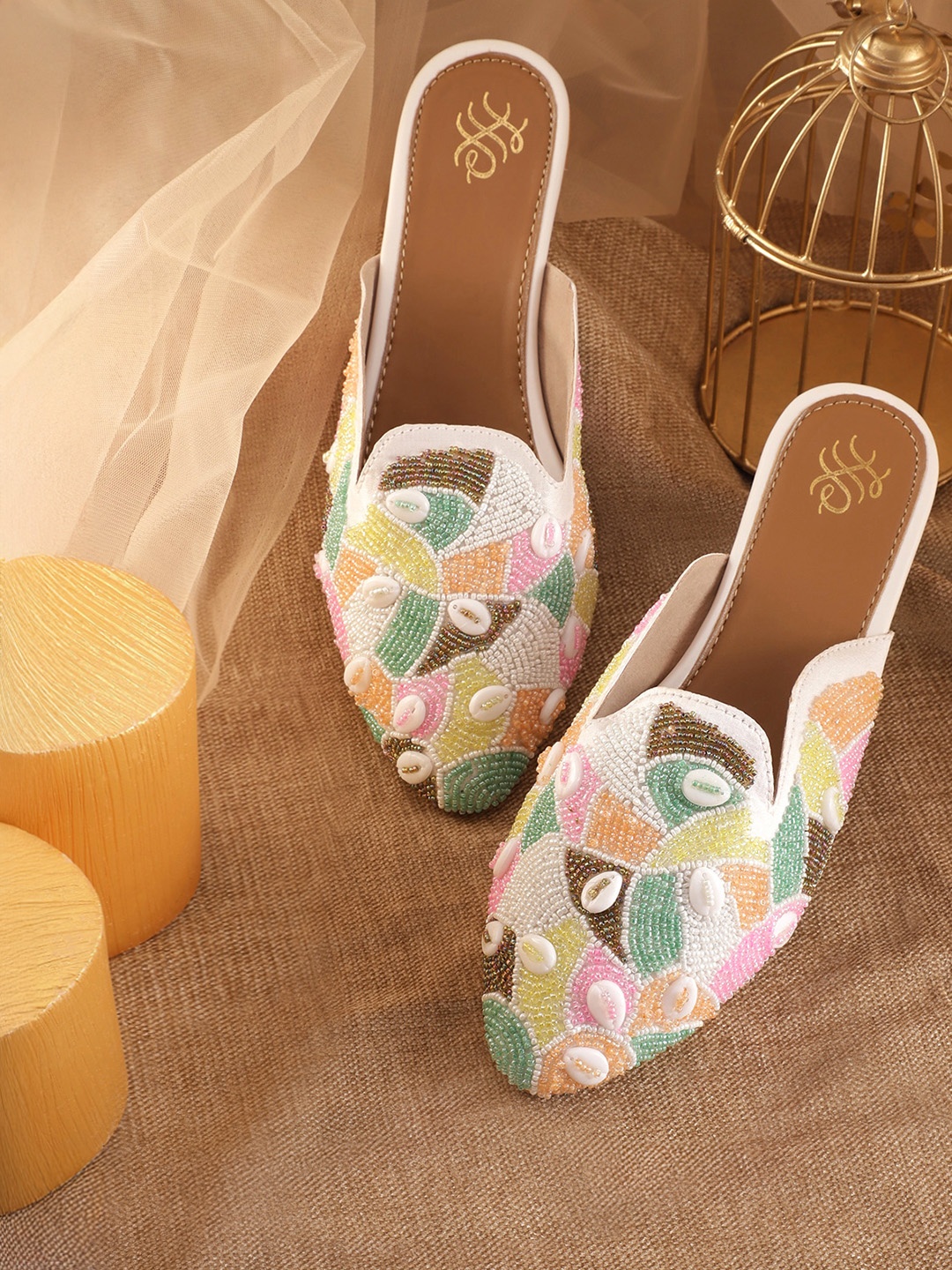 

House of Pataudi Women Ethnic Embellished Mules, White