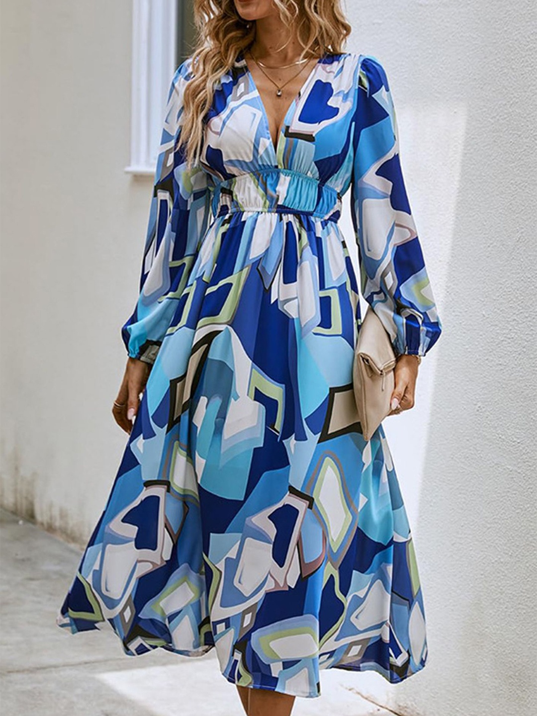 

LULU & SKY Print Puff Sleeve Fit & Flare Midi Dress, Blue