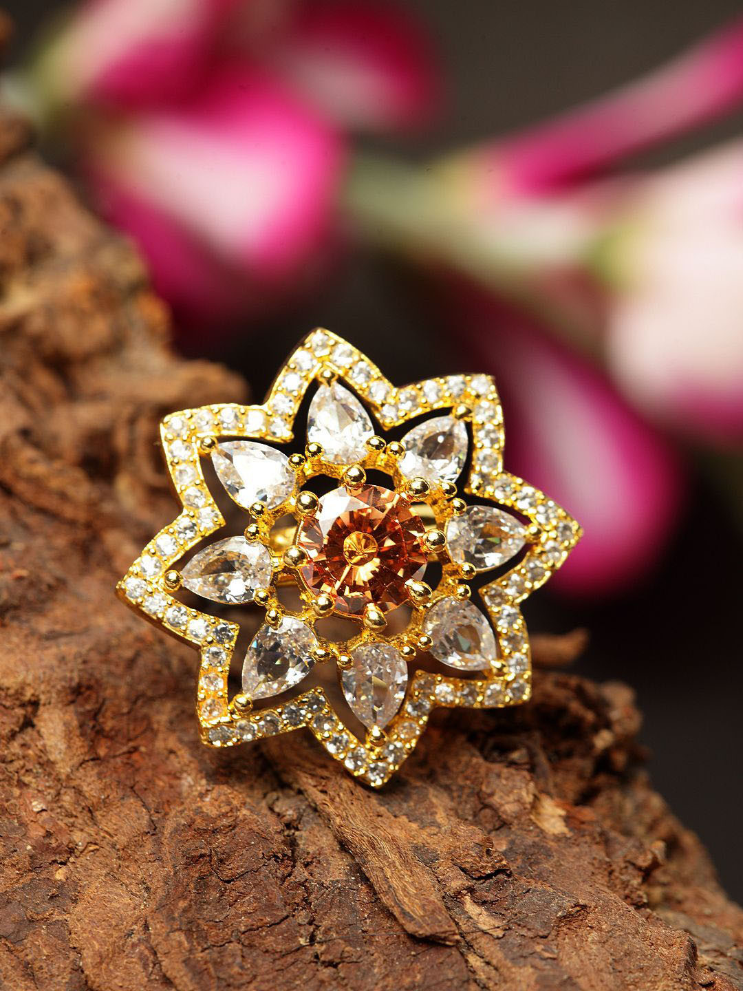 

ANIKAS CREATION Gold-Plated American Diamond Studded Adjustable Finger Ring