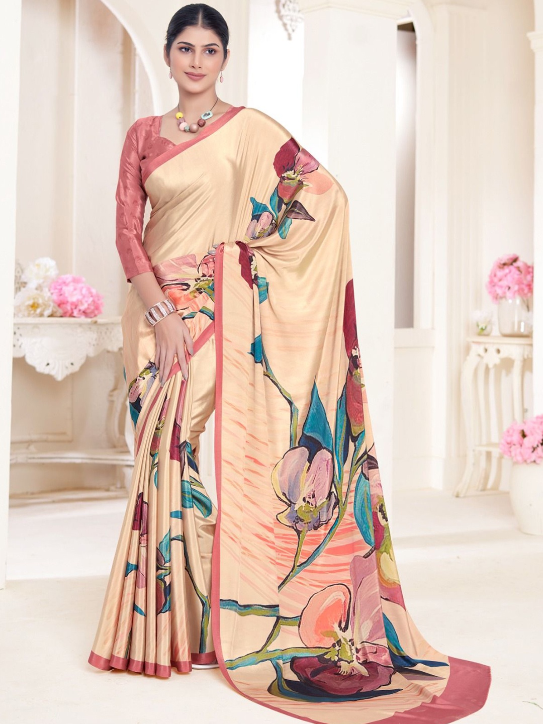 

JIVORA Floral Printed Festive Wear Pure Silk Saree, Cream