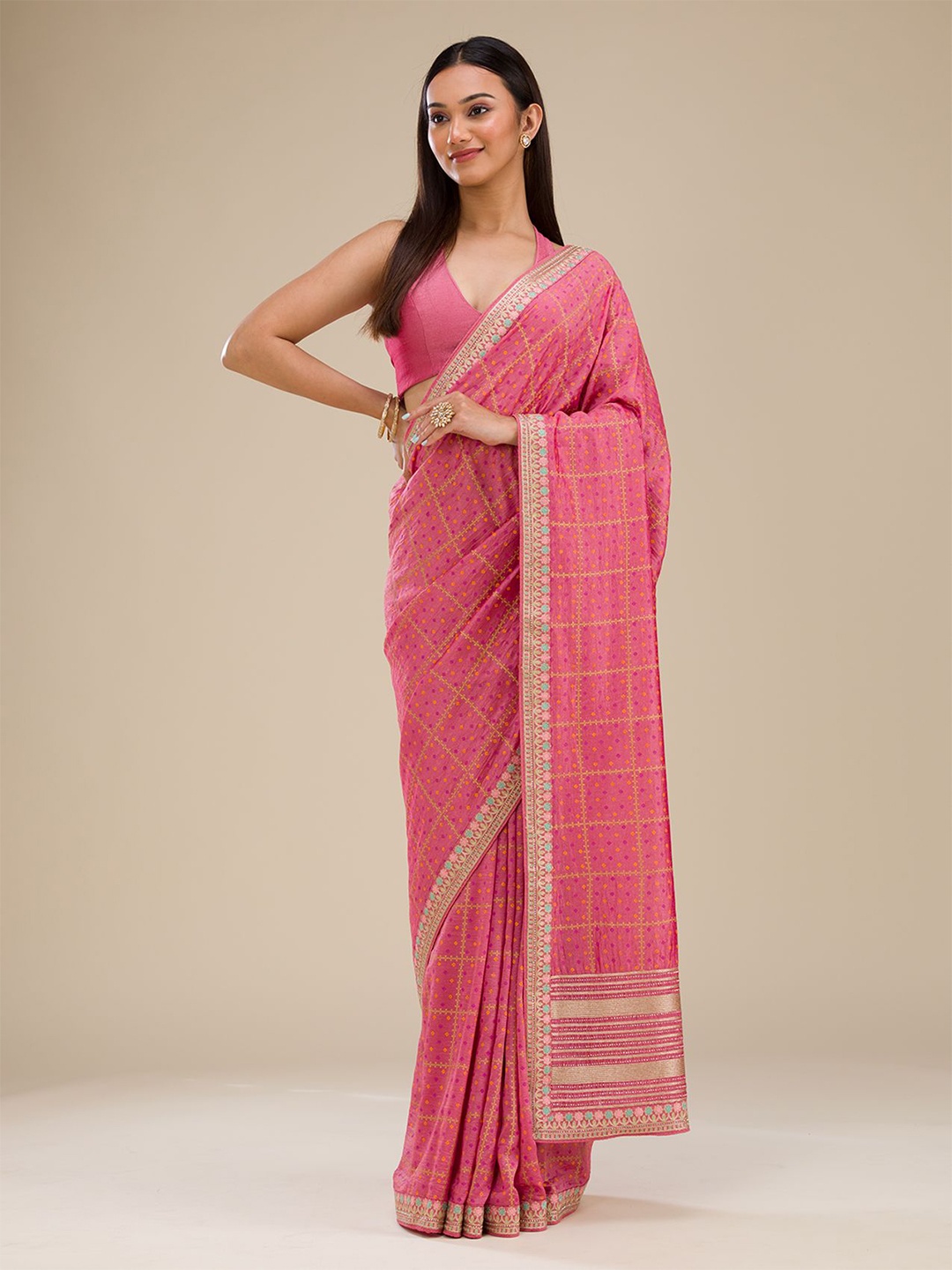 

Koskii Bandhani Printed Embroidered Saree, Pink