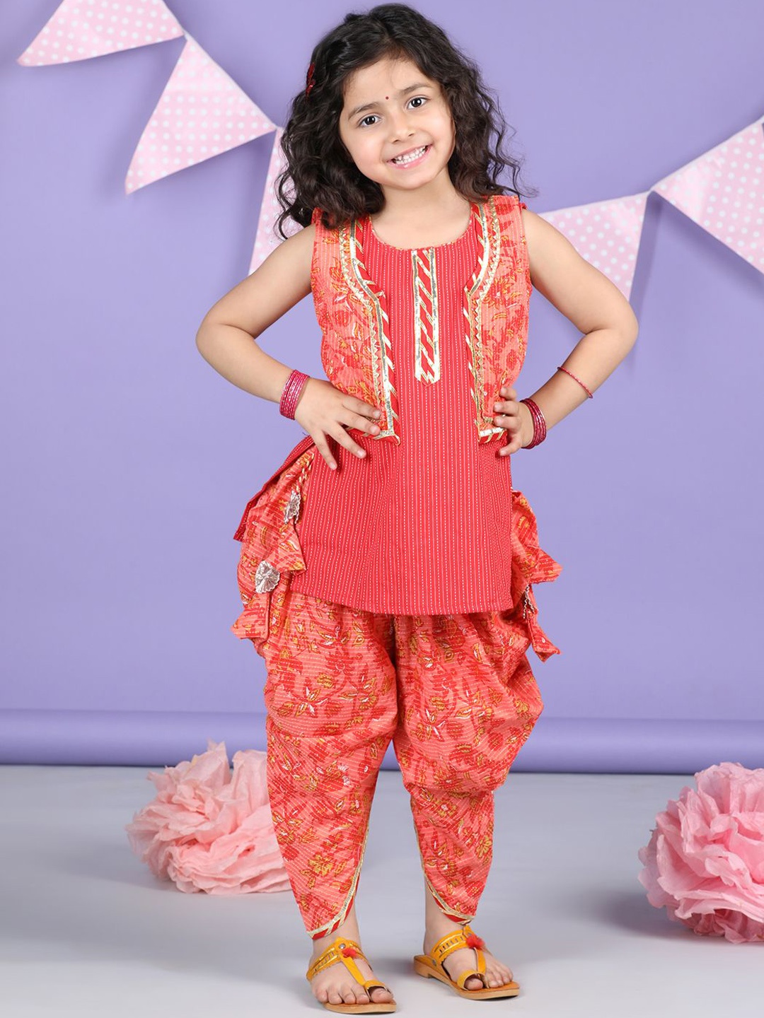 

Here&Now X Kinder Kids Girls Striped Gotta Patti Cotton Kurti with Dhoti Pant & Jacket, Peach