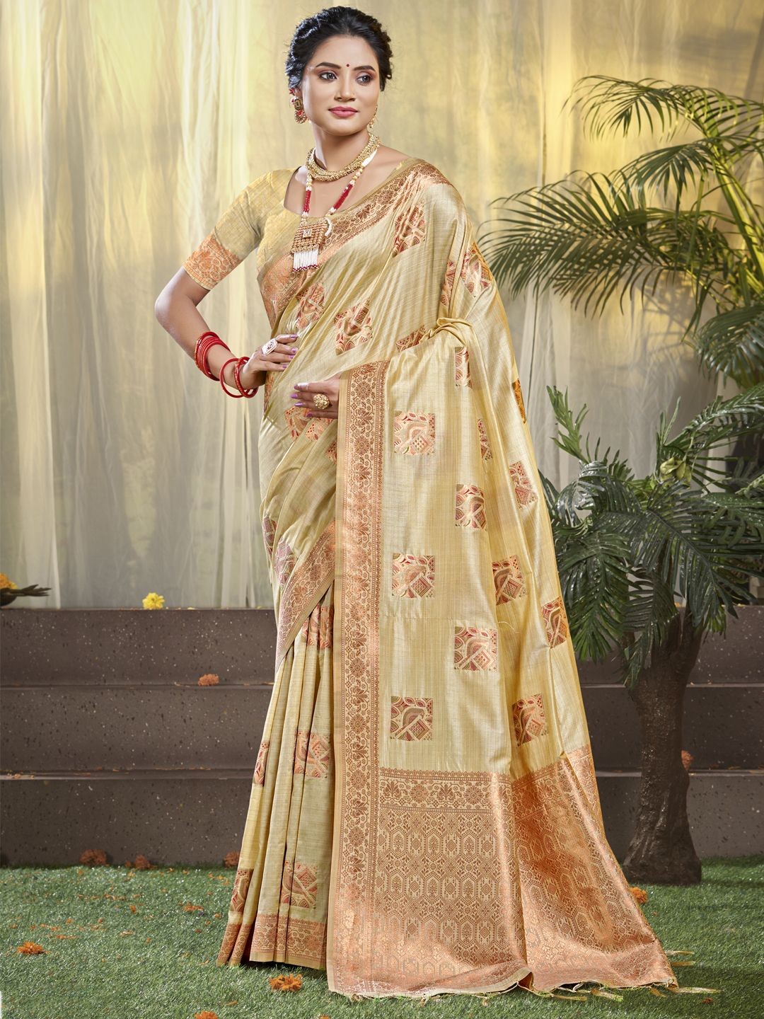 

SANGAM PRINTS Woven Design Zari Silk Blend Tussar Saree, Beige