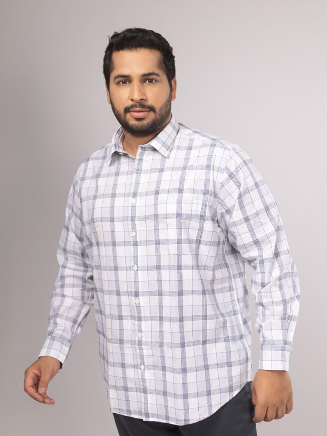 

Sizeupp Men Comfort Regular Fit Spread Collar Tartan Checked Cotton Casual Plus Size Shirt, White