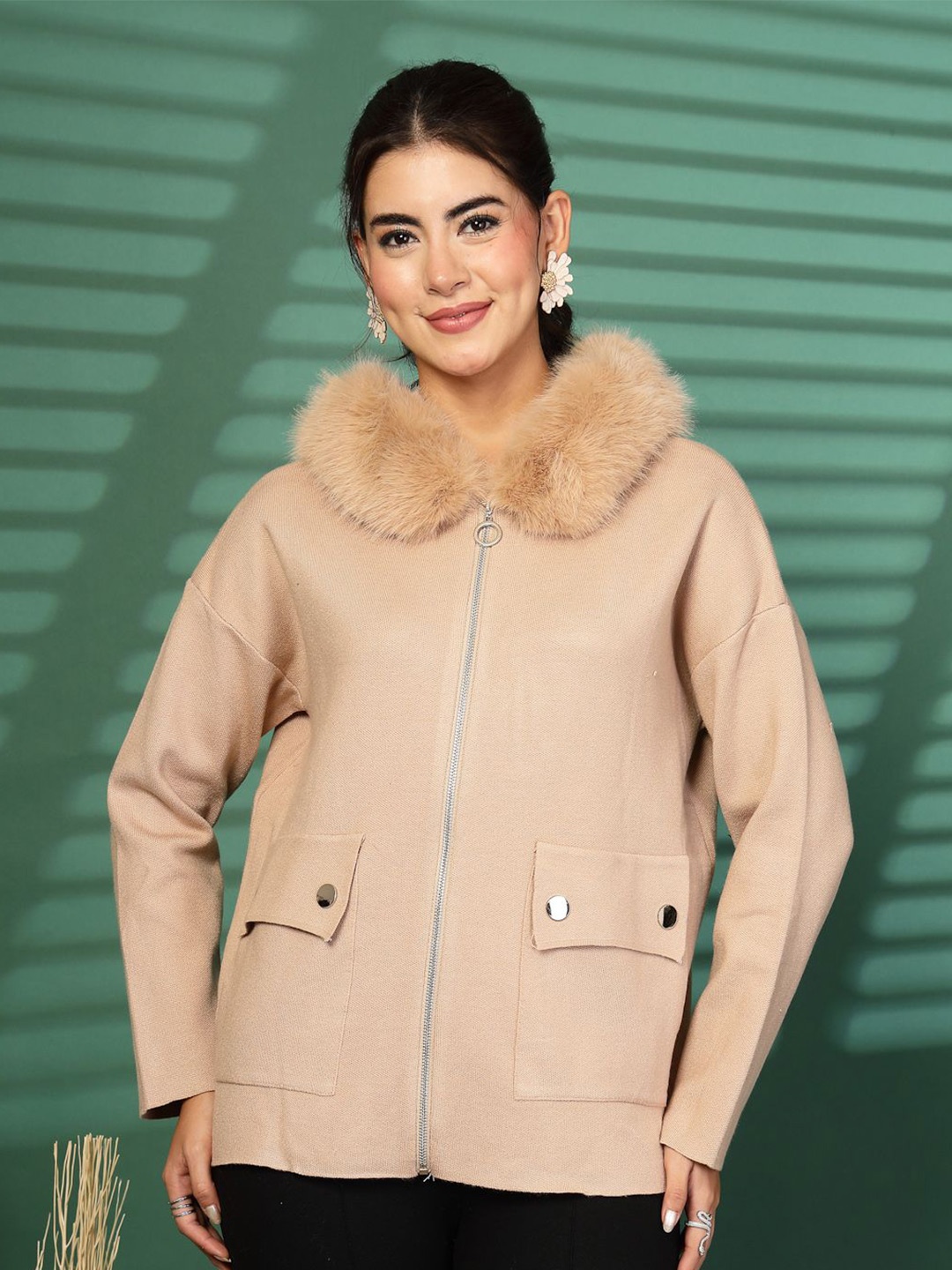 

Mafadeny Round Neck Zipper Coats, Off white