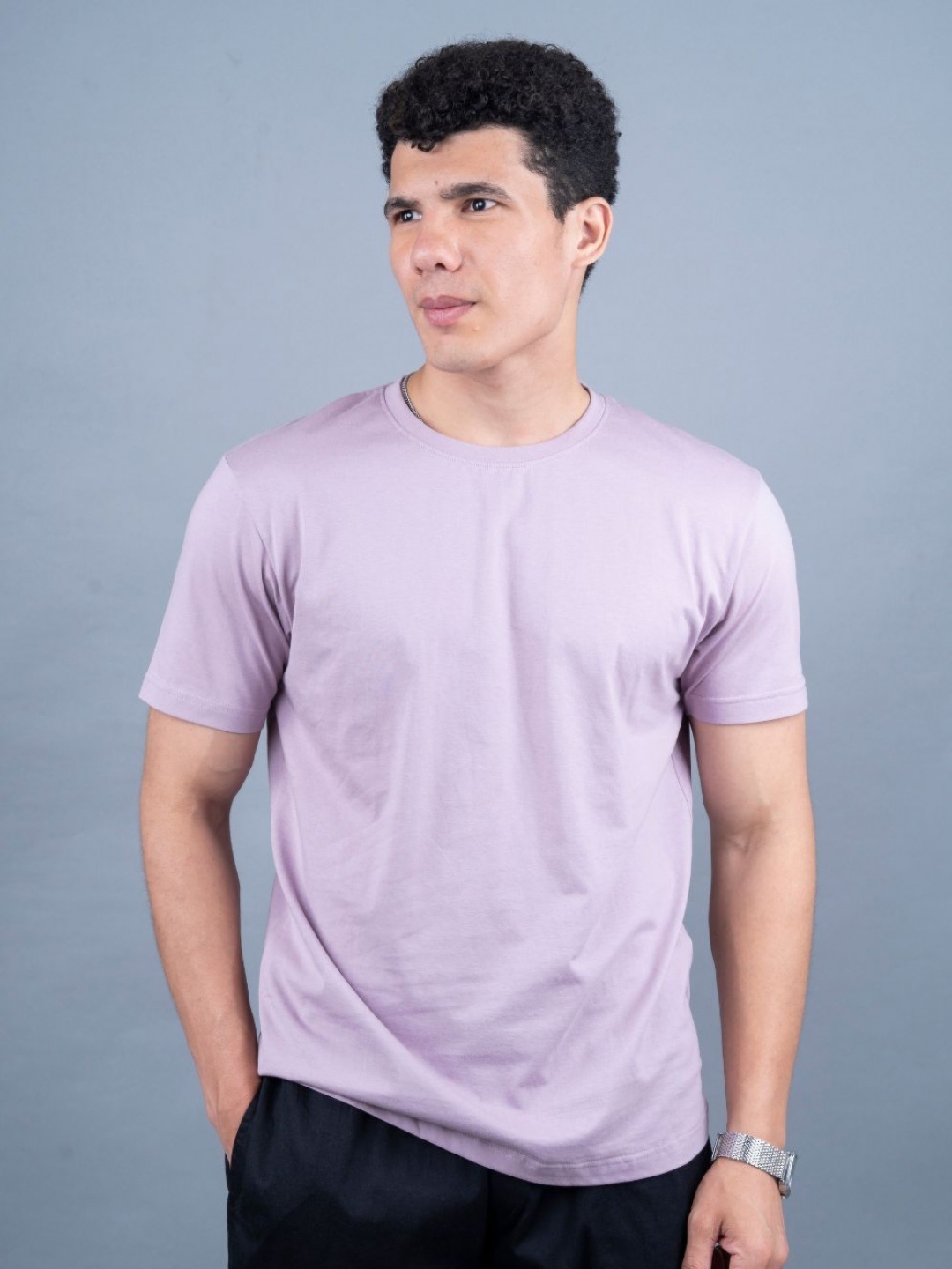 

PRONK Men Solid Round Neck Cotton T-shirt, Lavender