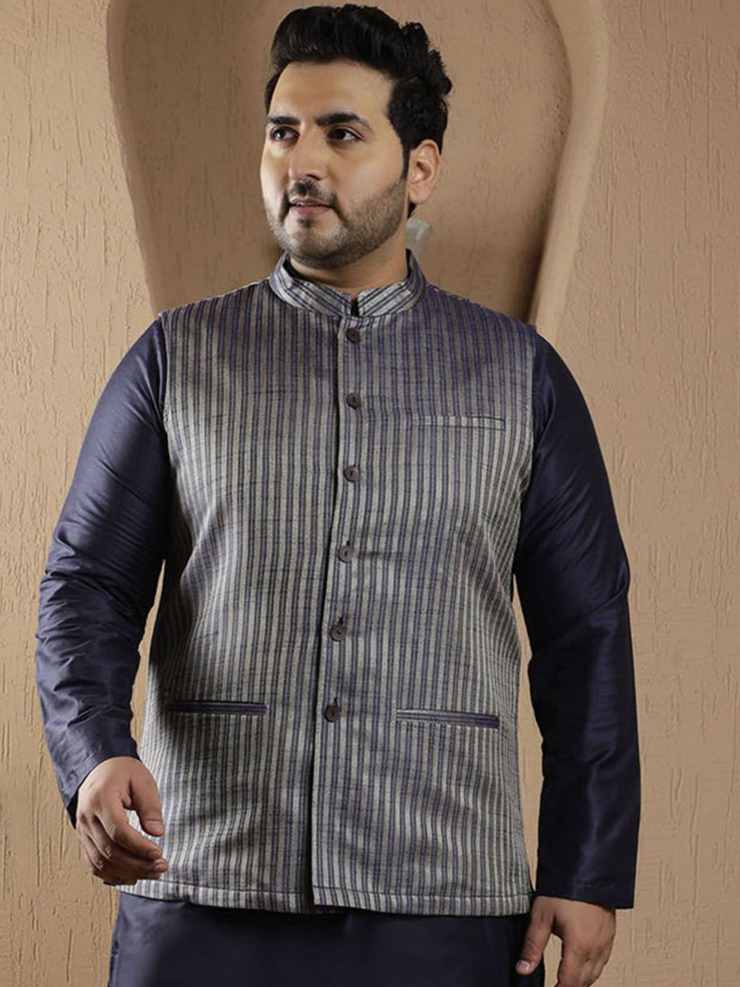 

Sztori Men Striped Nehru Jackets, Navy blue