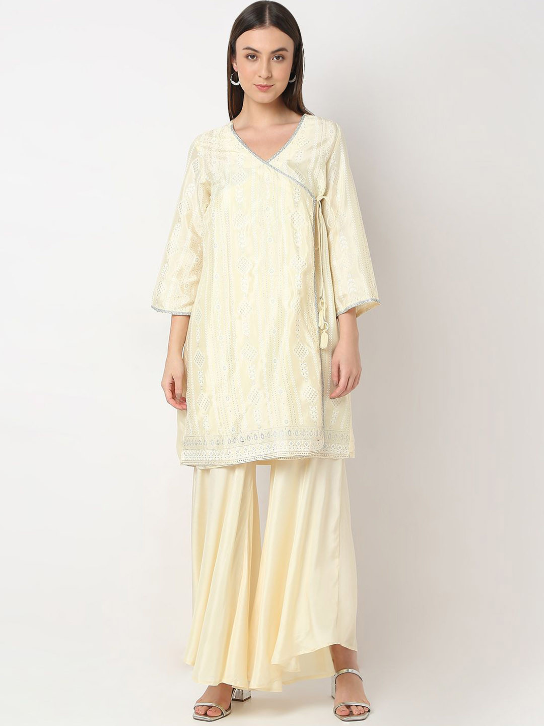 

Ethnicity Ethnic Motifs Printed Angrakha Sequinned Kurta With Sharara & Dupatta, Cream