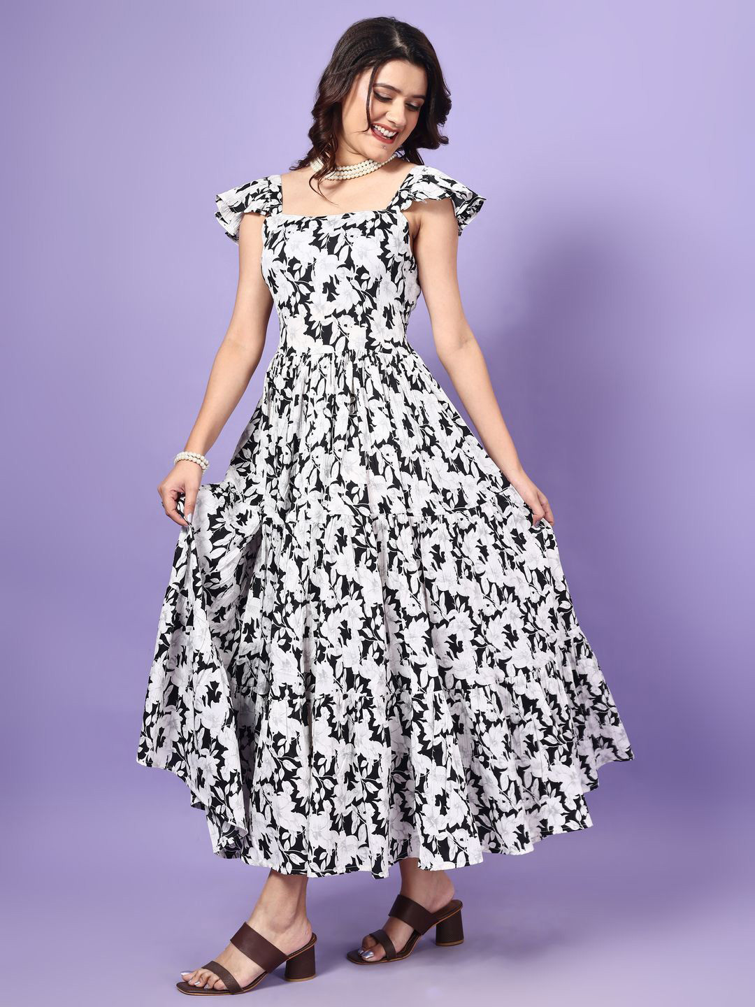 

KALINI Floral Printed A-Line Maxi Dress, Black