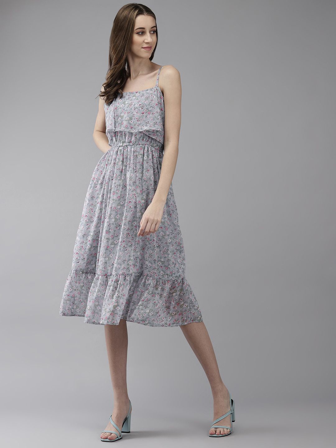 

BAESD Women Floral Print Georgette Peplum Dress, Grey