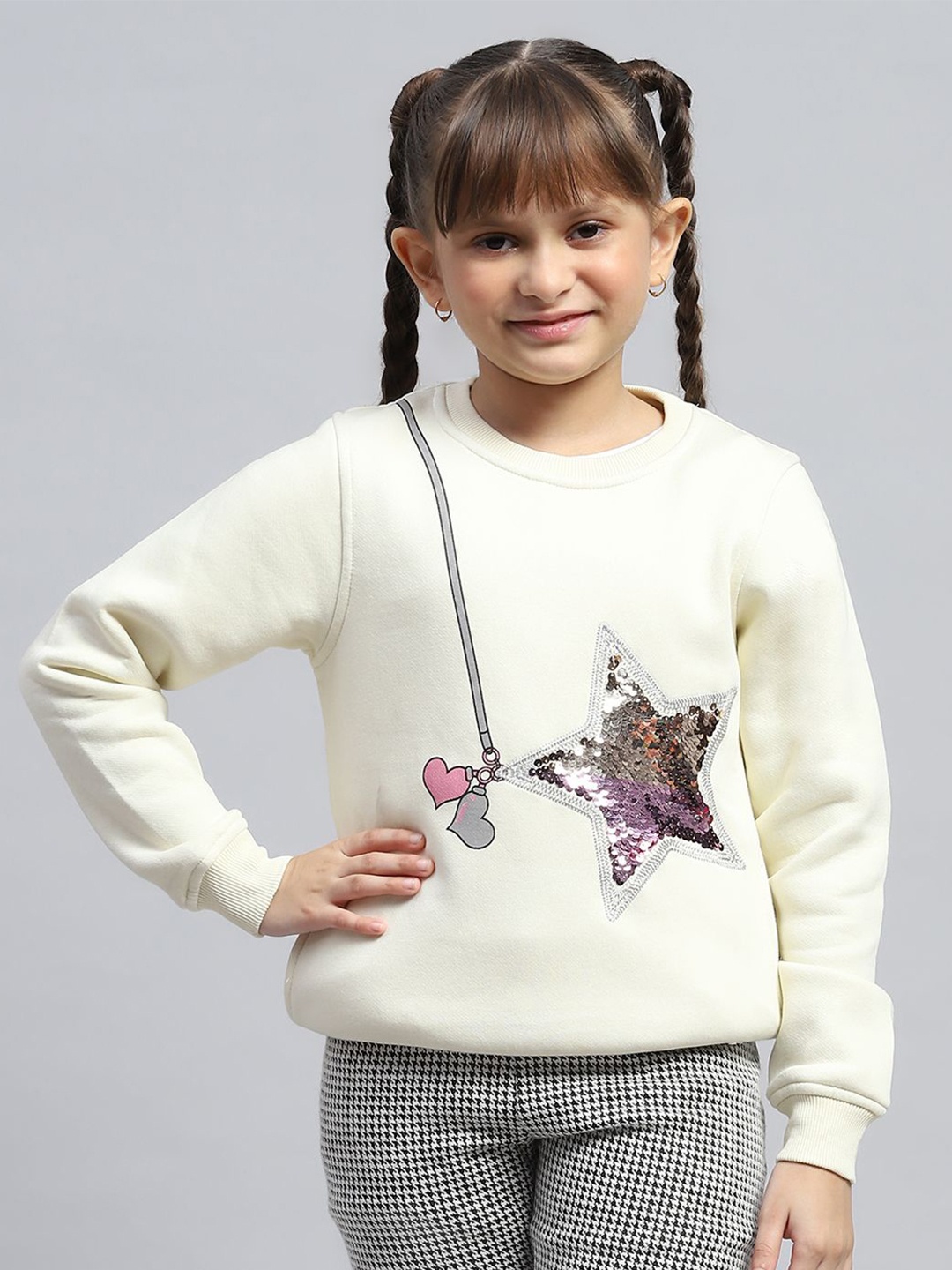 

Monte Carlo Girls Embellished Round Neck Pullover Cotton Sweatshirt, Cream