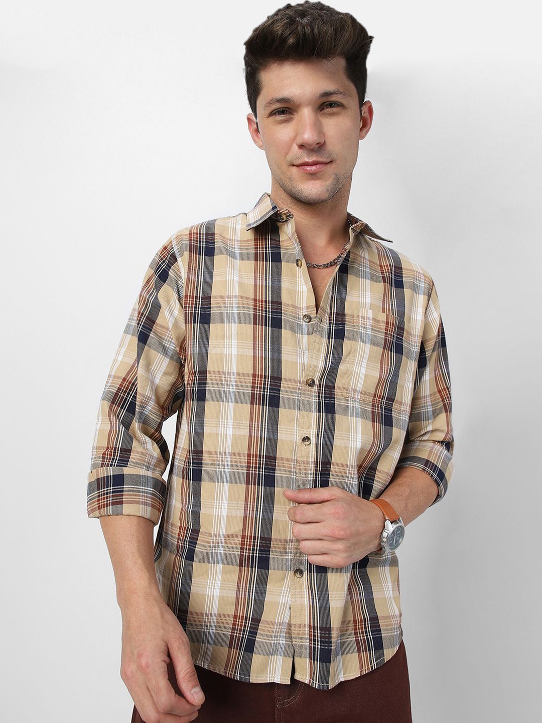 

Urbano Fashion Men Spread Collar Checked Cotton Casual Shirt, Beige