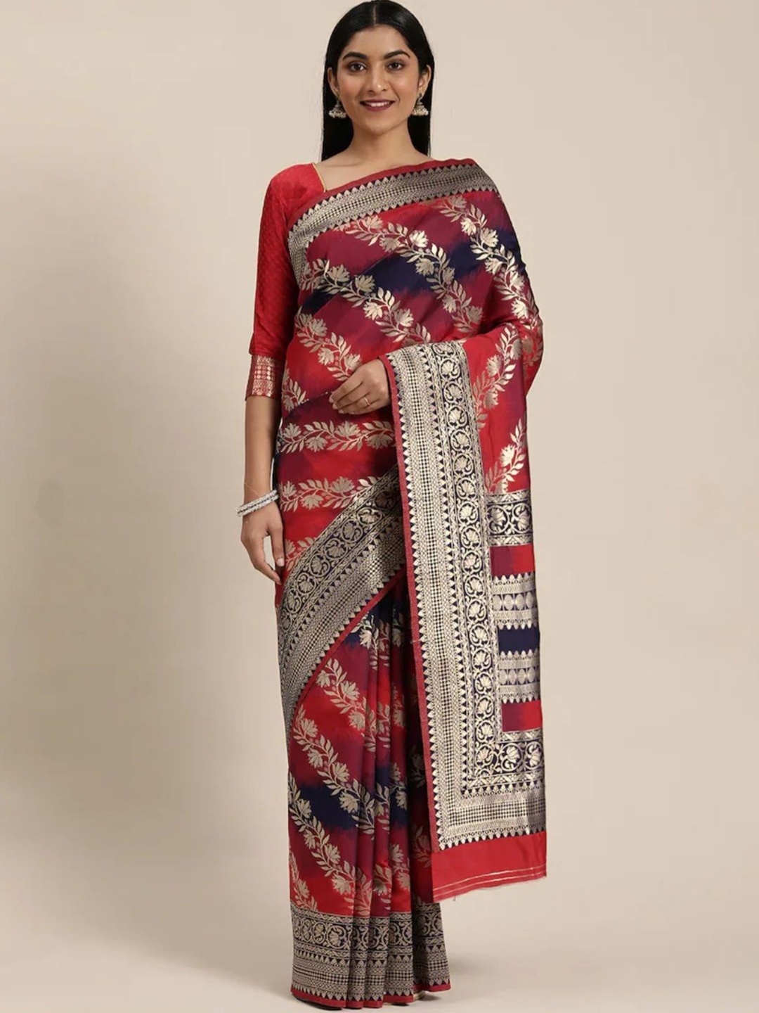 

HANDSEL Woven Design Zari Pure Silk Banarasi Saree, Red