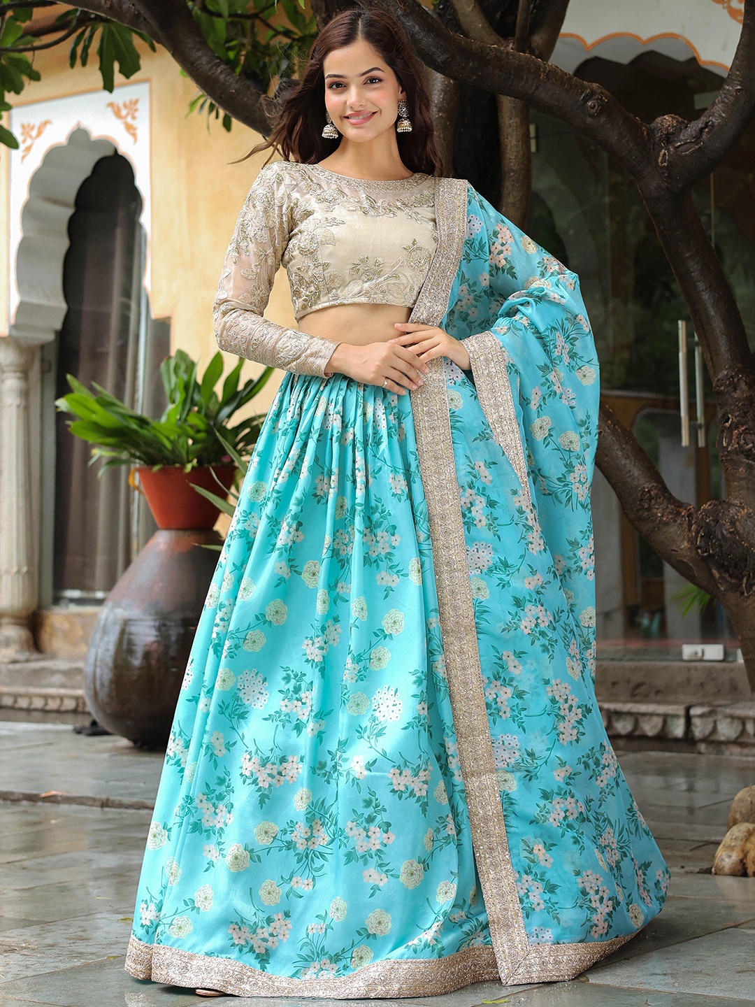 

FABPIXEL Embroidered Zardozi Kalamkari Semi-Stitched Lehenga & Unstitched Blouse With Dupatta, Blue