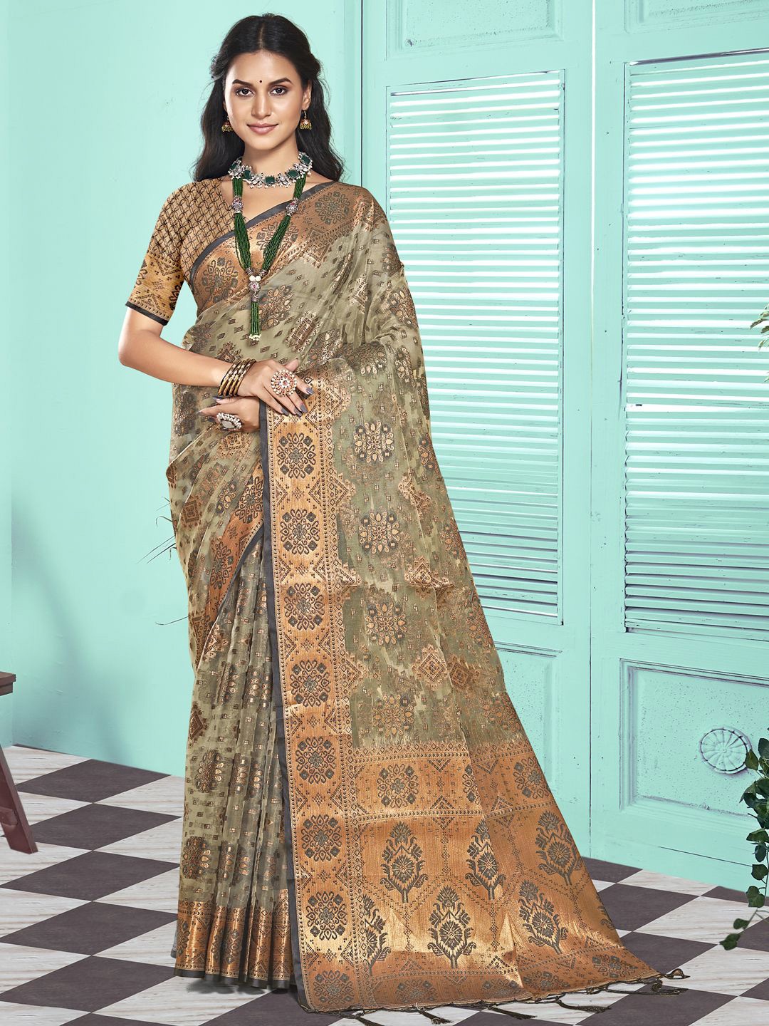 

SANGAM PRINTS Woven Design Zari Organza Tussar Saree, Grey