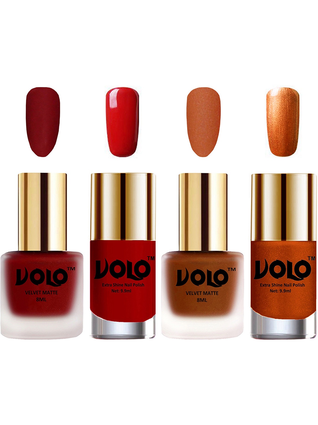 

VOLO Set Of 4 Velvet Matte & Extra Shine Nail Polish-8 ml & 9.9 ml Each Shade 22-35-36-60, Red