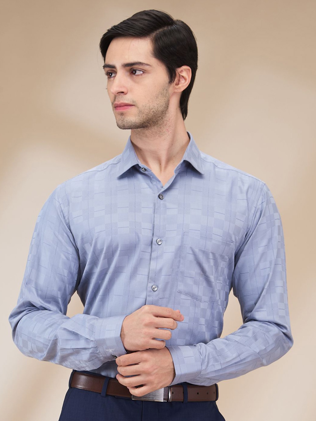 

Park Avenue Men Spread Collar Checked Cotton Slim Fit Formal Shirt, Blue